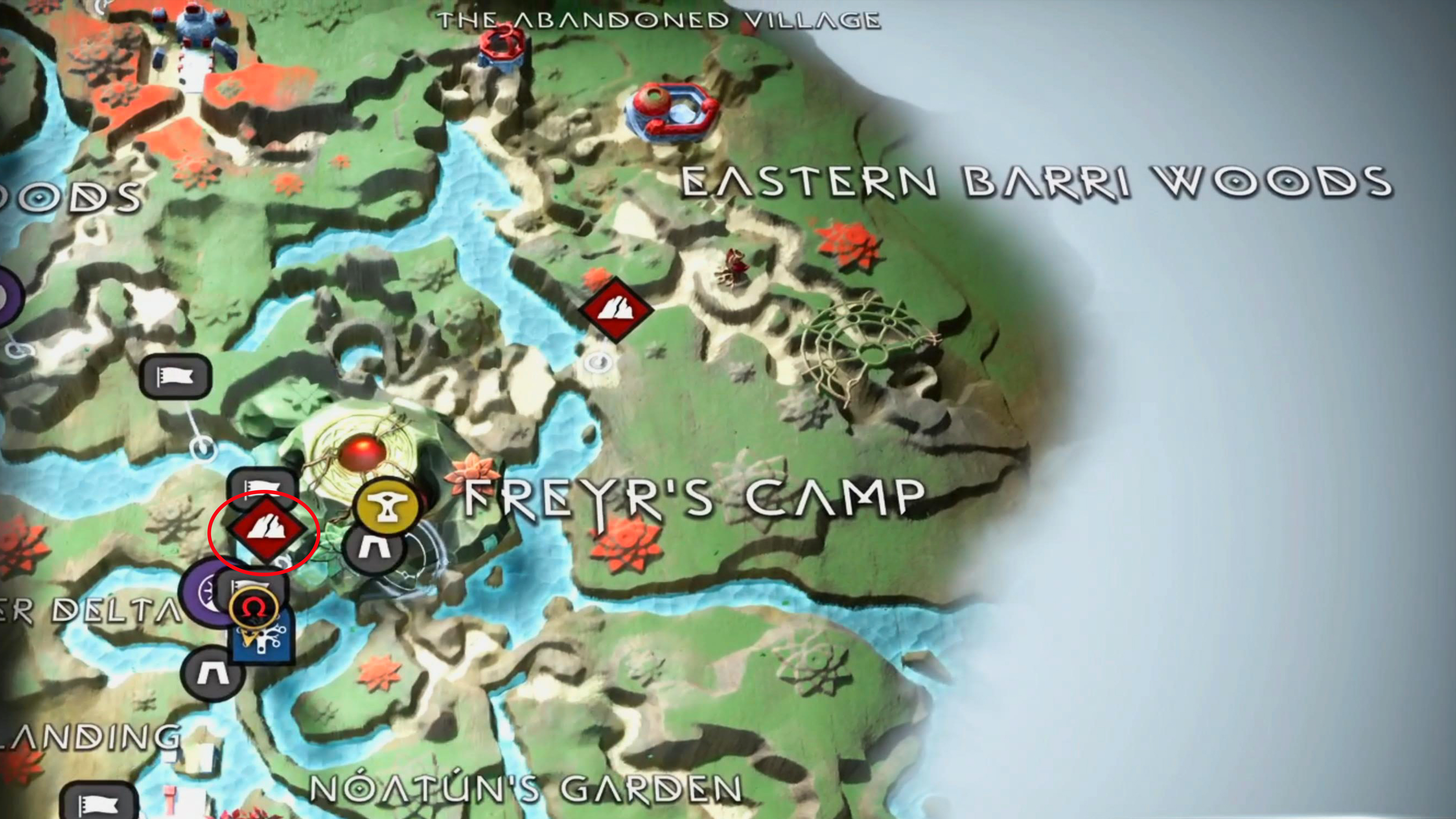 This remnant camp can be found just outside Freyr’s Camp, near the entrance you created with your spears.