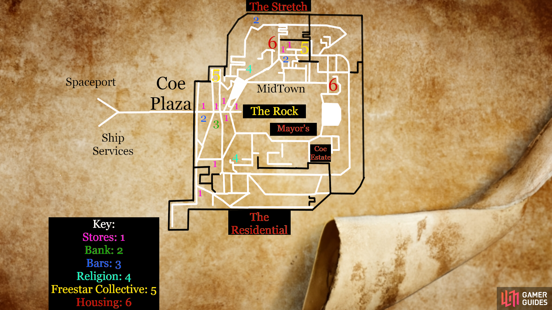 A rough outline of the major points of interest and routes you can follow using a drawn Akila City Map to Starfield.