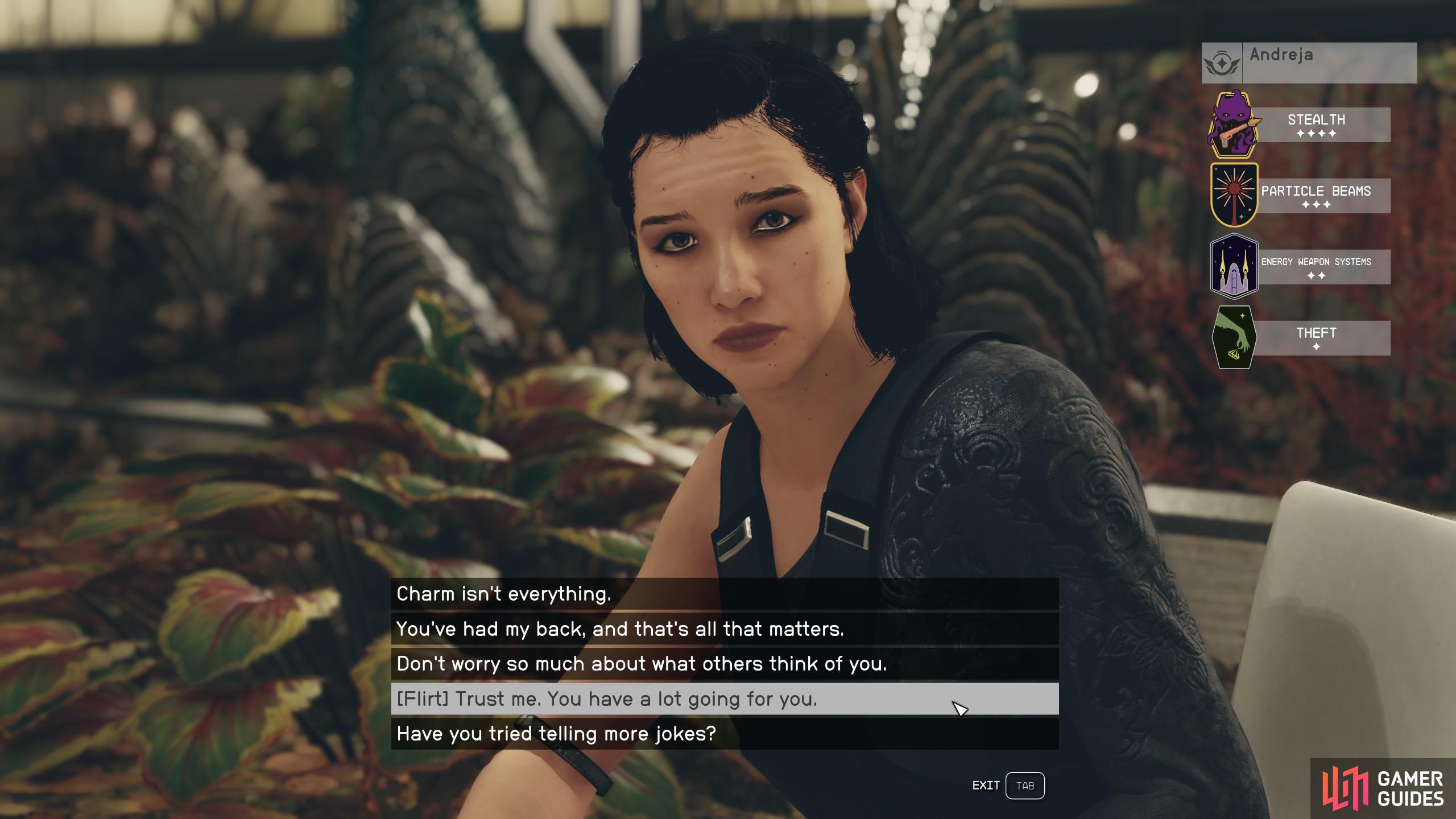 You can get decent Flirt options after the High Price to Pay Main Story Mission, and after some other Constellation background conversations with her.