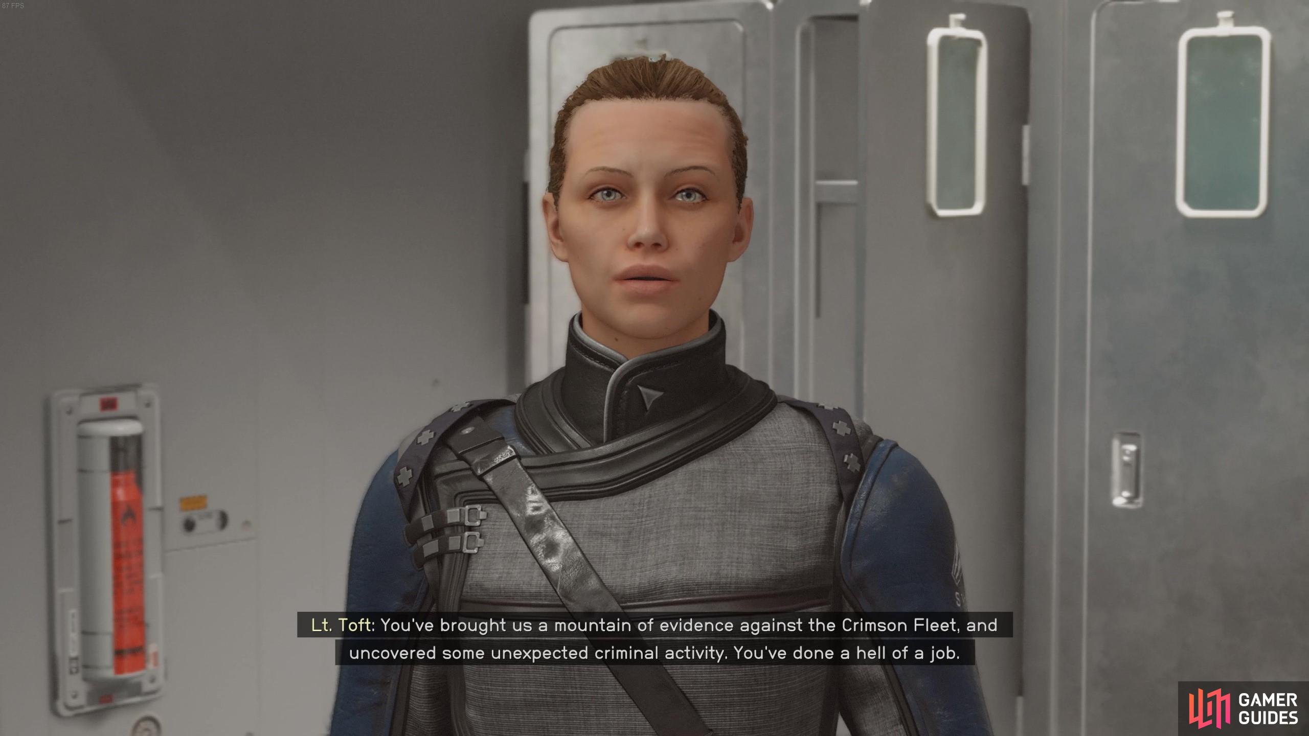 After handing in at least 18 bits of evidence speak to Toft about her past in the Crimson Fleet