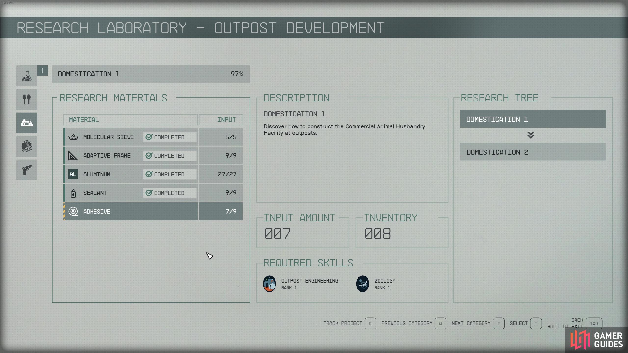 Domestication 1 can be researched once you have a skill in Outpost Engineering and Zoology. 