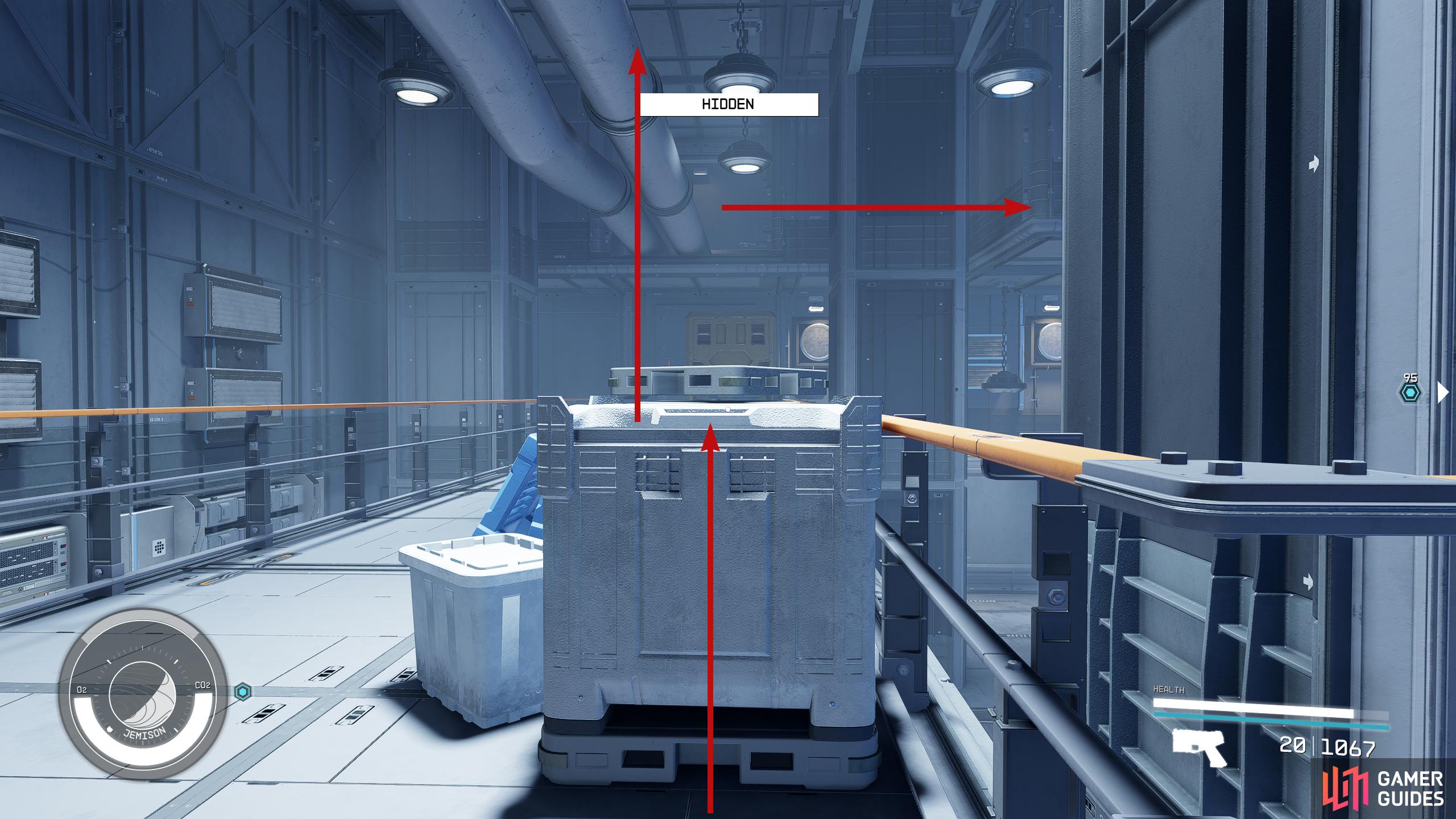Head back up to the walkway where the turret computer was and go the opposite direction until you reach a crate. Jump on the crate onto the pipes above.
