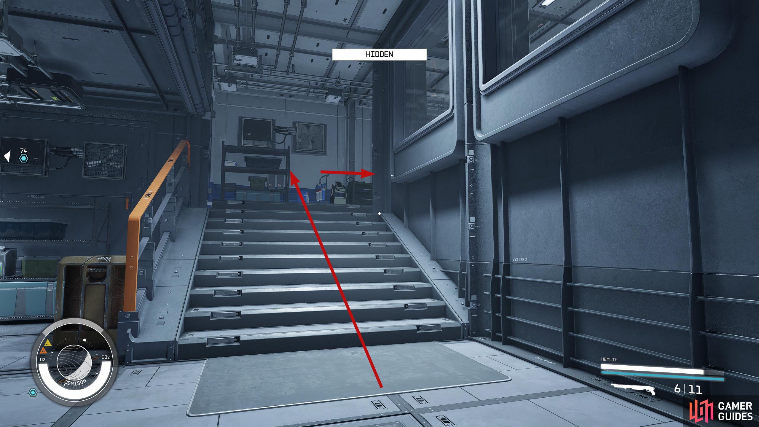Exit the shower room and turn right up the stairs to Faye's room.