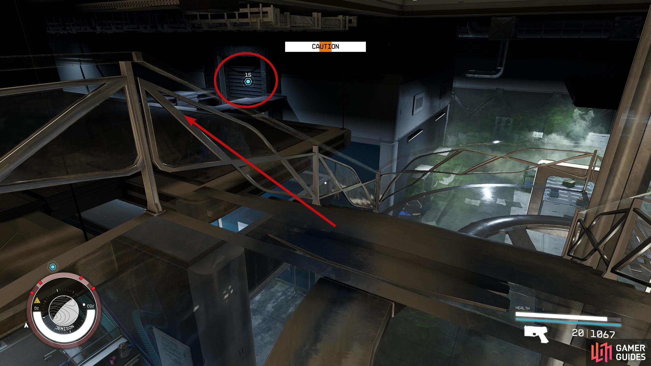 With the manipulated guard following you, jump over the railing onto the platform and go through the vent.