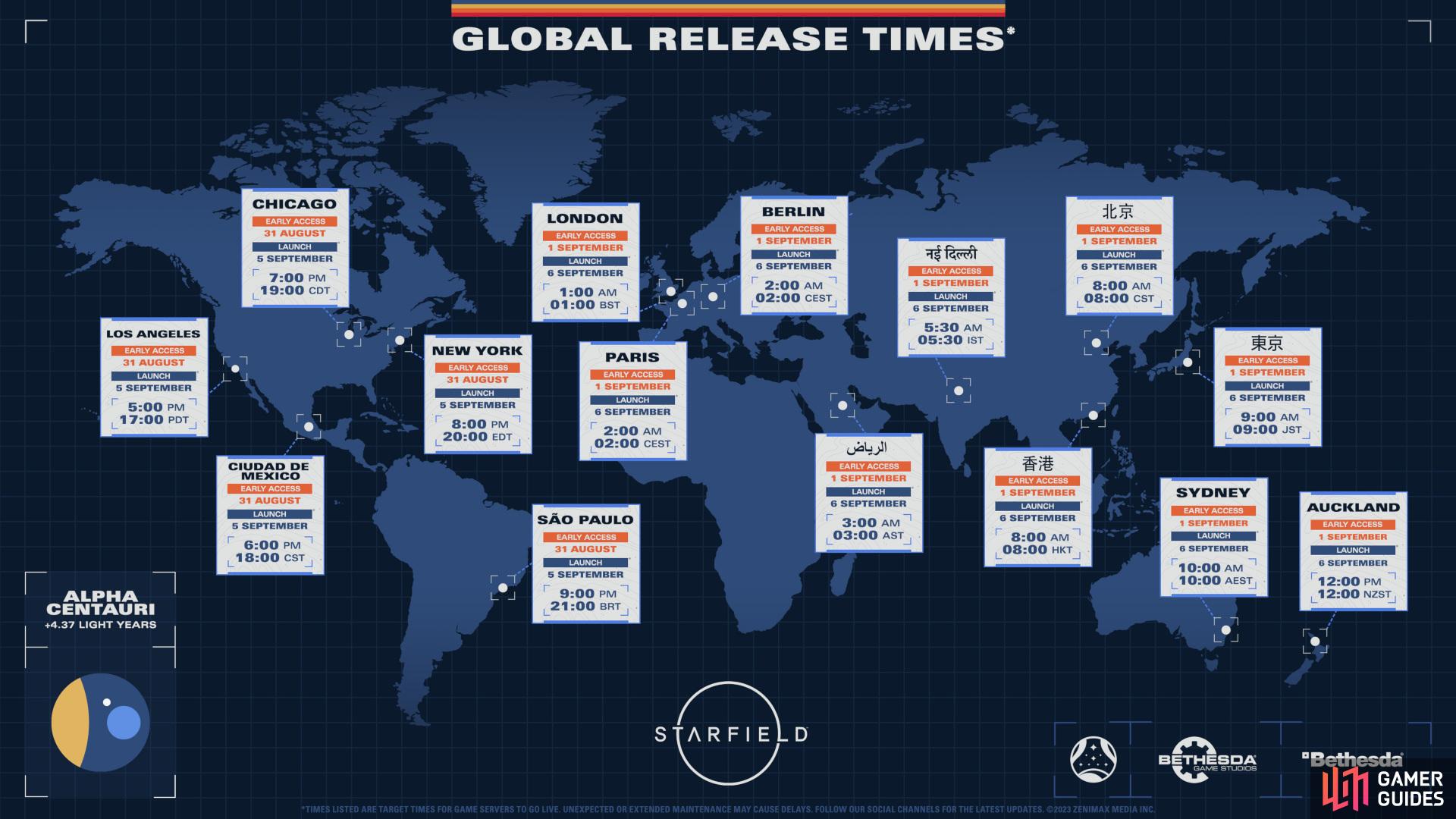 Here is a Starfield Early Access Release Times infographic provided by Bethesda.