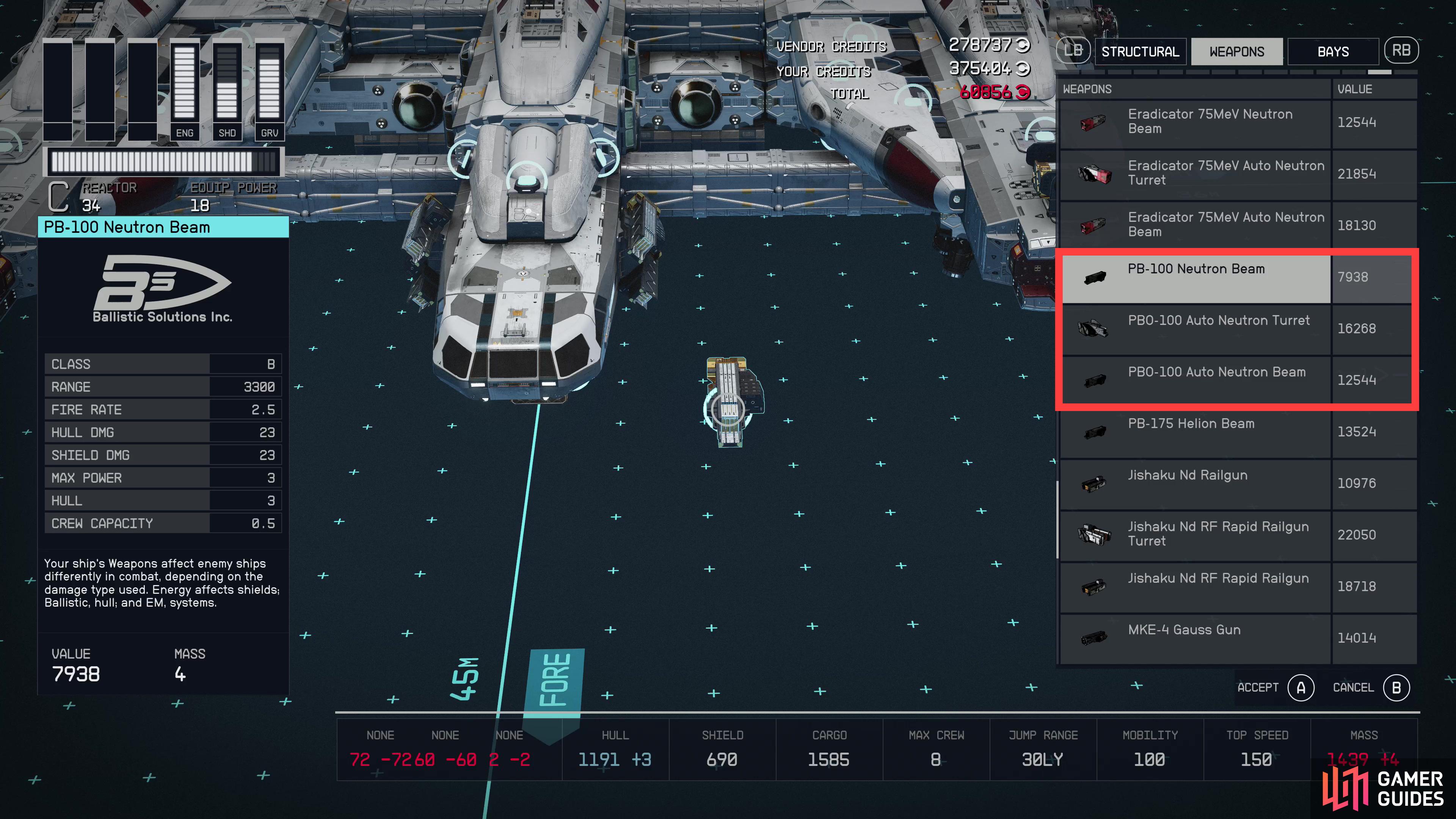 Some ship weapons may come in different variants - standard, auto/pulse, and turret. The particle weapon listed here has all three such variants.