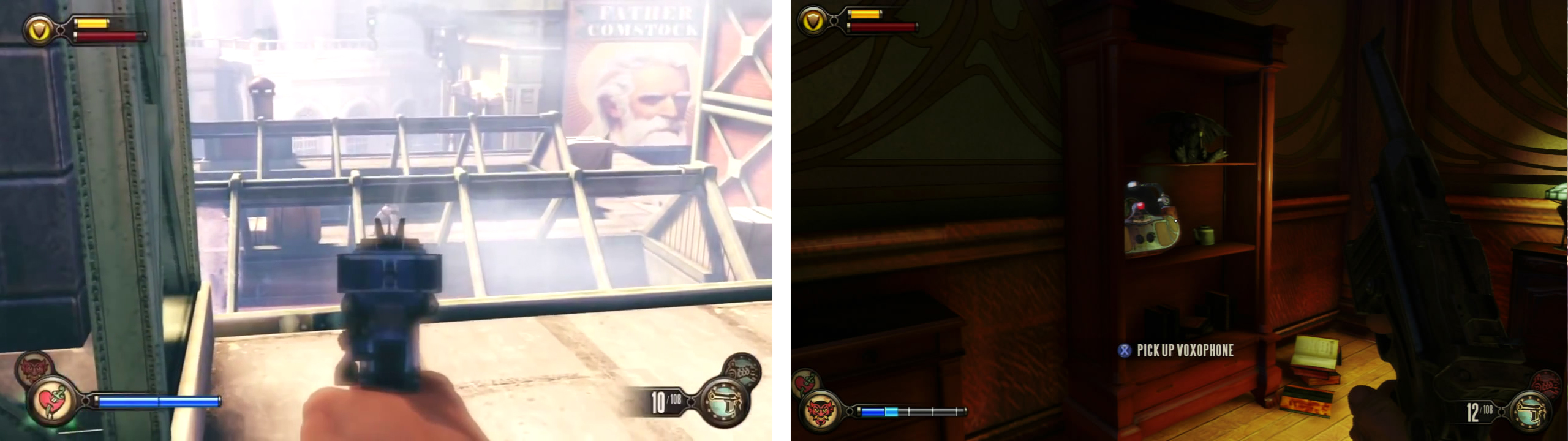 Drop down through the sky lights (left) and find the Voxophone in a downstairs room (right).