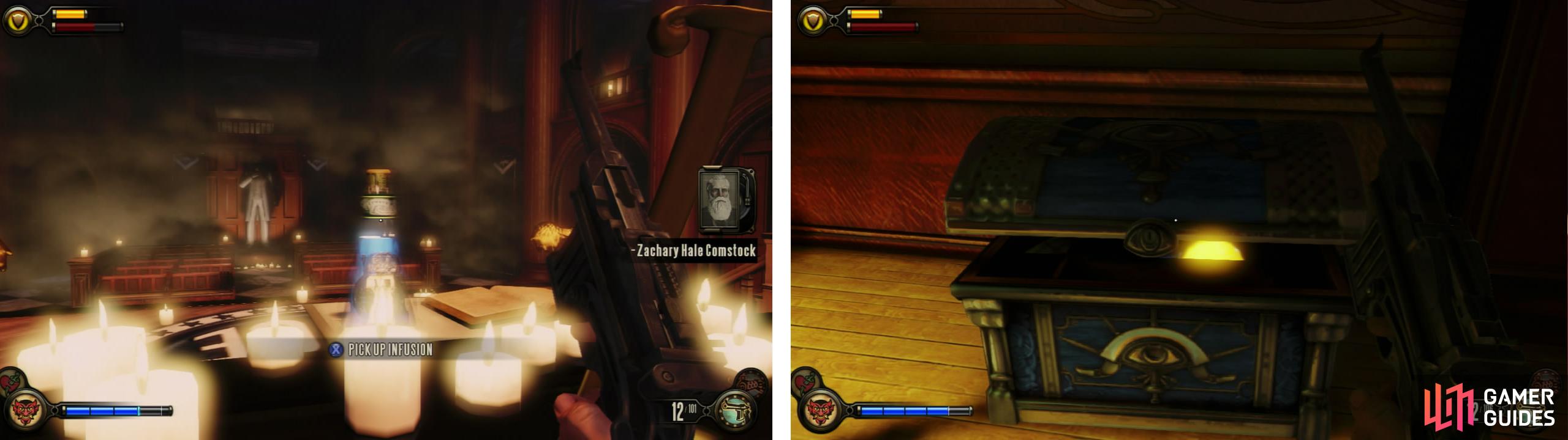 Grab the key from the altar (left), then backtrack tot he blue chest and open it for an Infusion Upgrade (right).