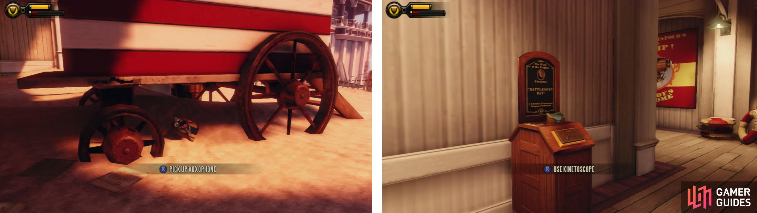 Look beneath the shed for a Voxophone (left). Before exiting the first building, grab the Kinetoscope (right).