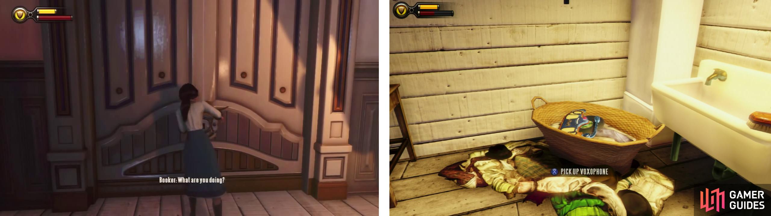 Have Elizabeth pick the lock (left). Go through the door at the end of the hall of a piece of gear and a Voxophone (right).