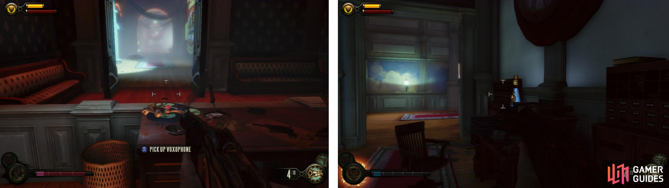 After the ambush, check out the room at top of the stairs for a Voxophone (left) and enter the ticket office for an Infusion Upgrade (right).