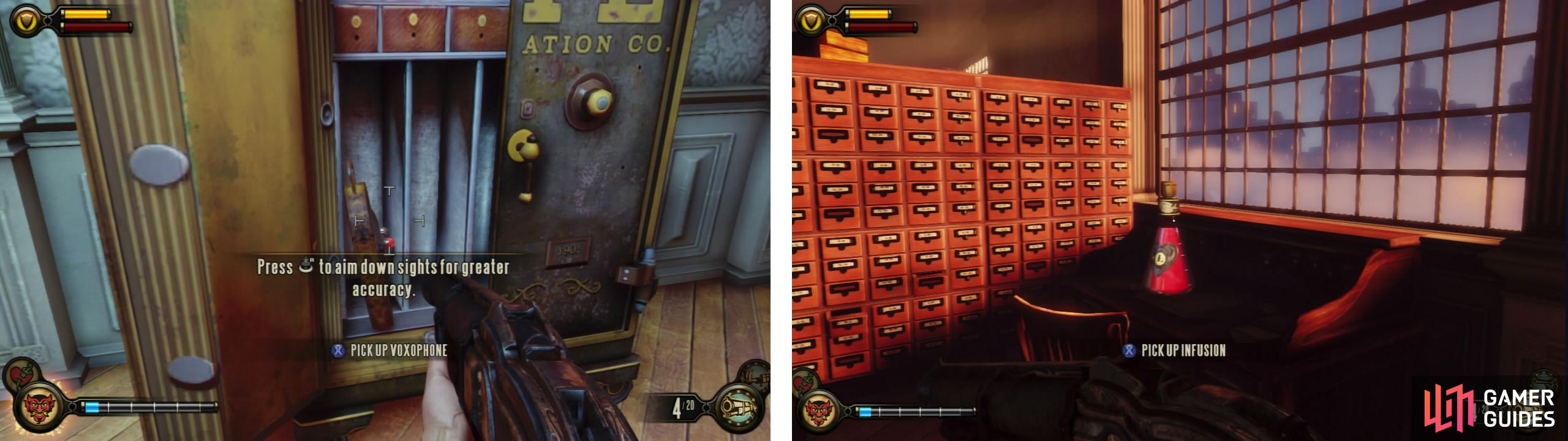 Unlock the door on the left of the main room to find an Infusion Upgrade (left) and Voxophone (right) inside.