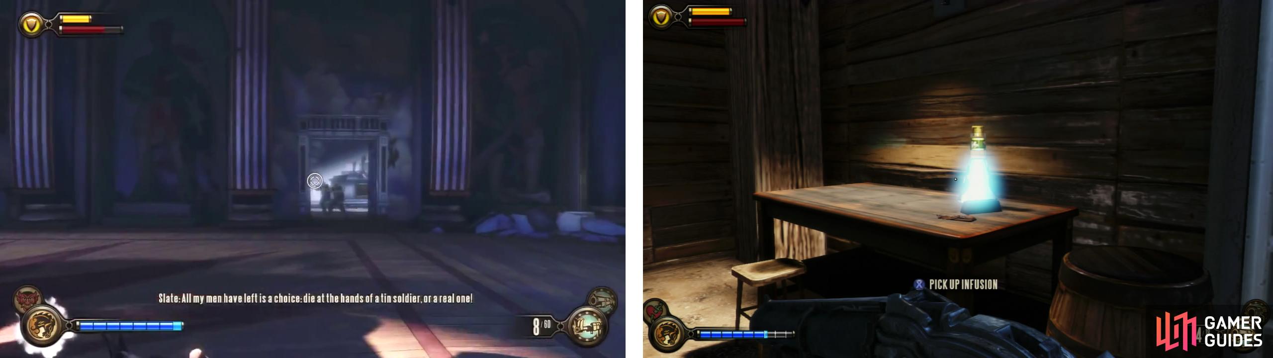After the ambush, enter the room the enemies emerged from (left) to find a Infusion Upgrade inside (right).