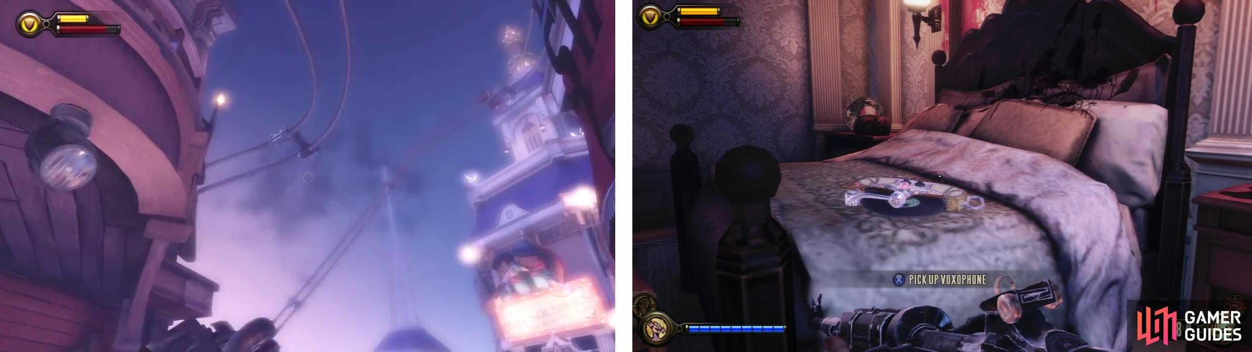 Use the skylines (left) to access the balcony of the central building, use shock jockey on the conduit and inside you’ll find a Voxophone (right).