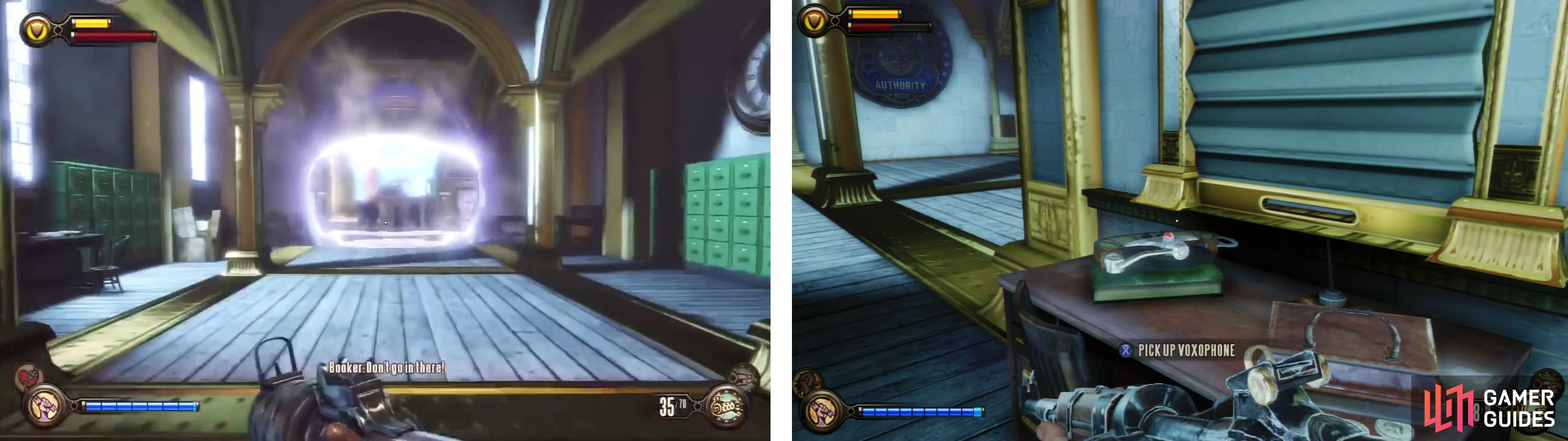 After watching Elizabeth entering this tear (left). Explore the room for a Voxophone (right)