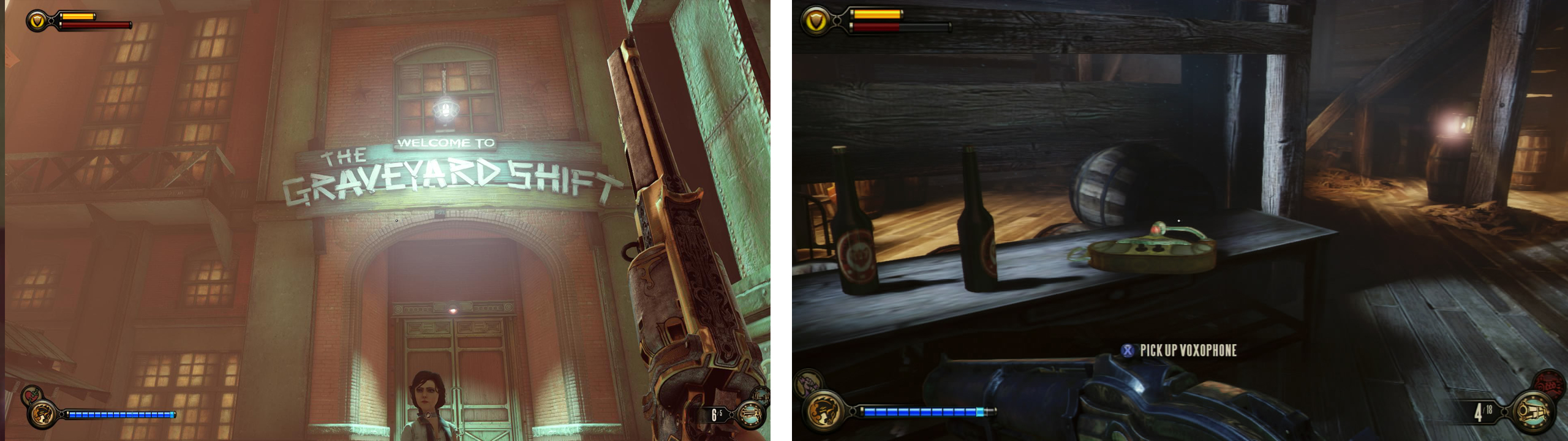 Enter the Graveyard Shift Bar (left). In the basement you’ll find a set of Keys for an optional task and a Voxophone (right).