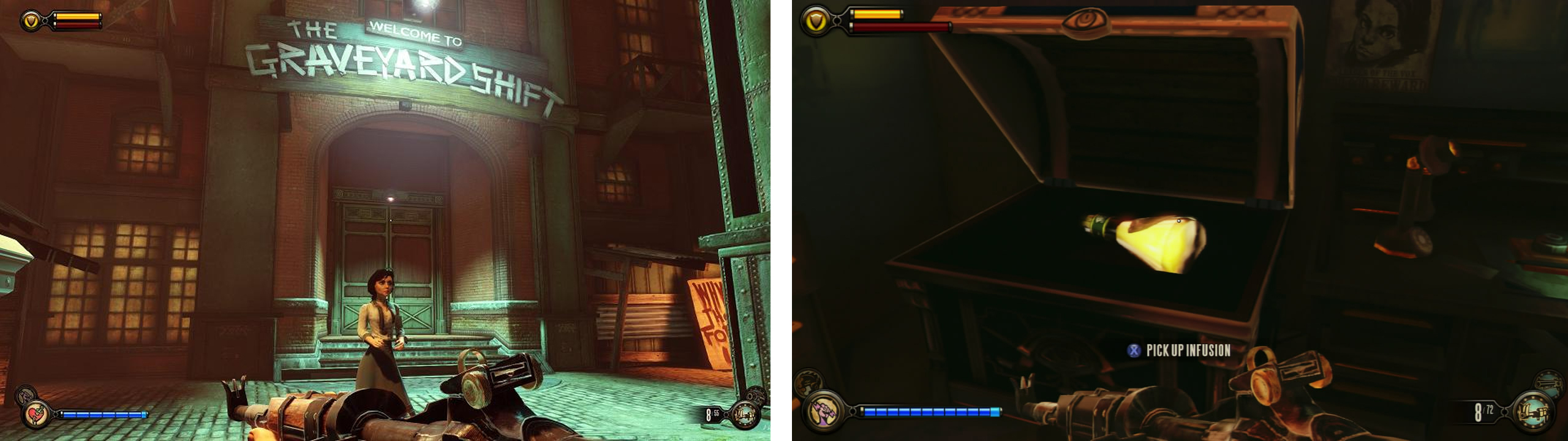 The key can be find in the basment of the Graveyard Shift Bar (left). Open the chest for a Infusion Upgrade (right).