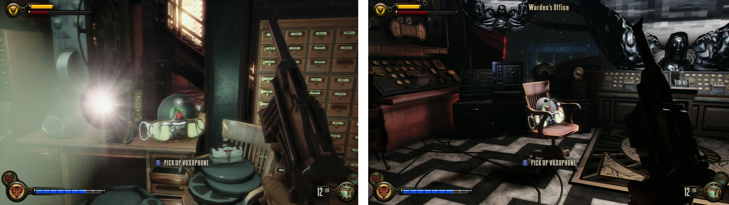 There is a Voxophone on a desk with a projector (left). Upstairs, there is another in the control room (right).