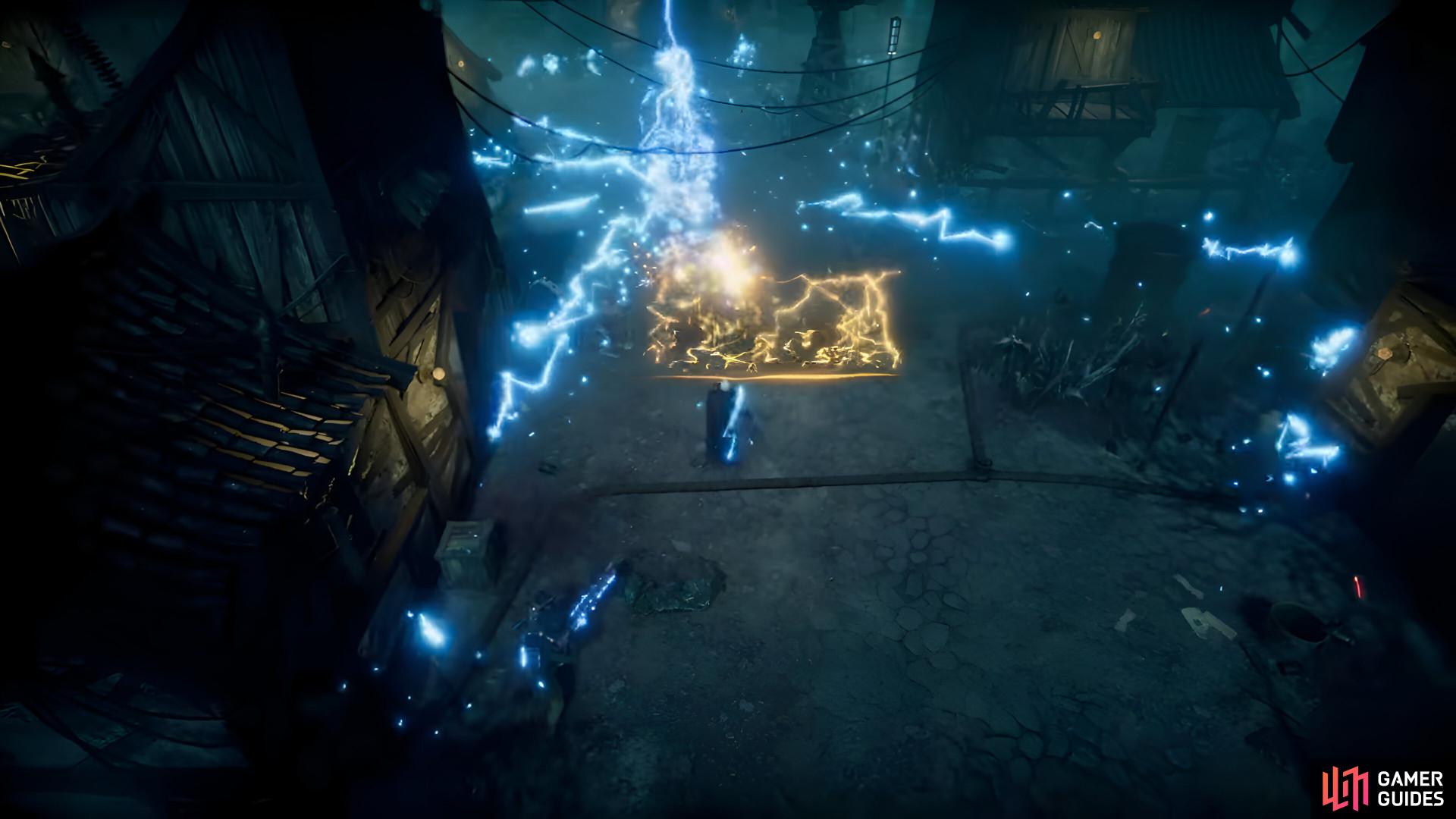 Shock Spells offer lots of ways to do big damage that rivals Chaos, along with some unique projectile-blocking mechanics like the lightning wall. Image via Stunlock Studios.