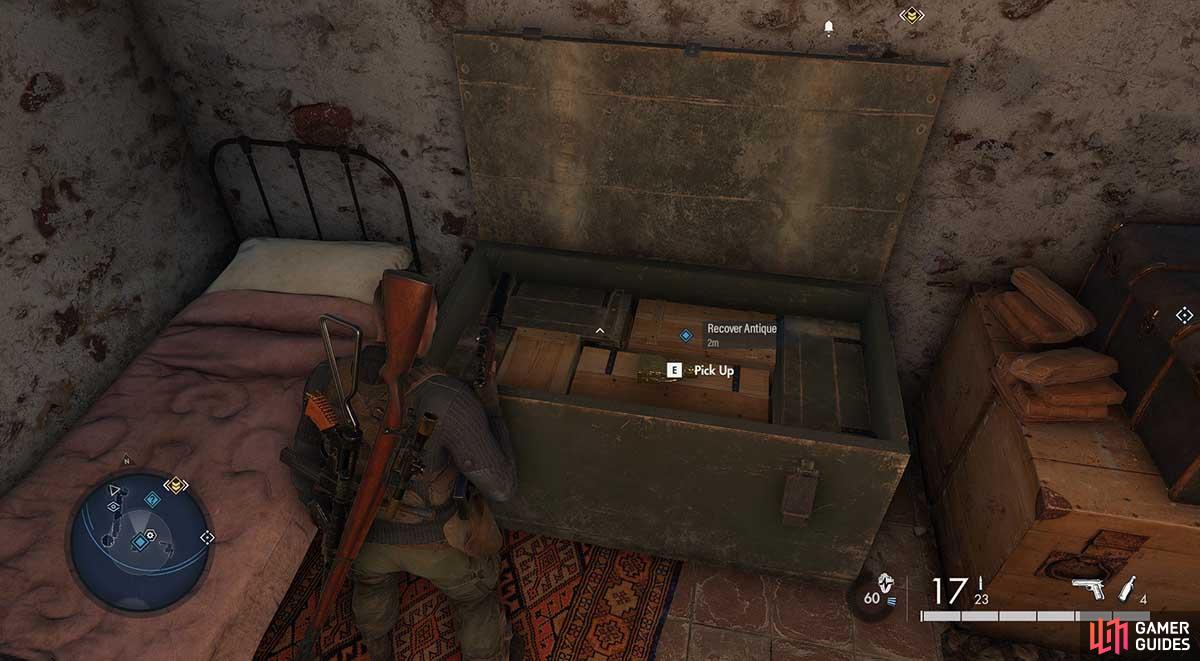 Hunt around upstairs and you will find a statue hidden in a soldier's trunk.