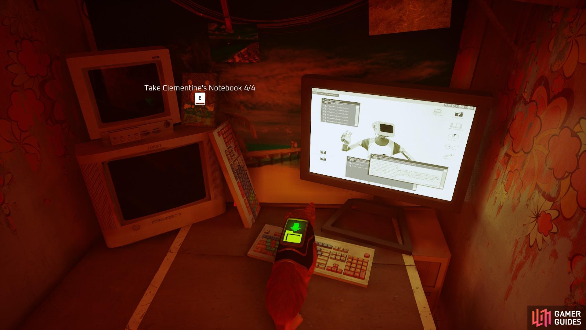 Clementine's notebook is by her PC in her apartment.