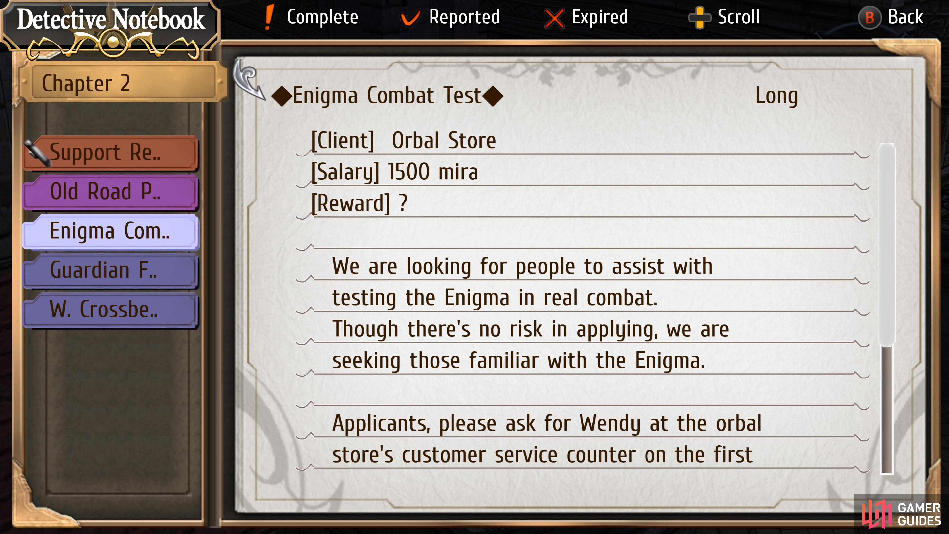 Enigma Combat Test is a Request on Day 1 of Chapter 2.