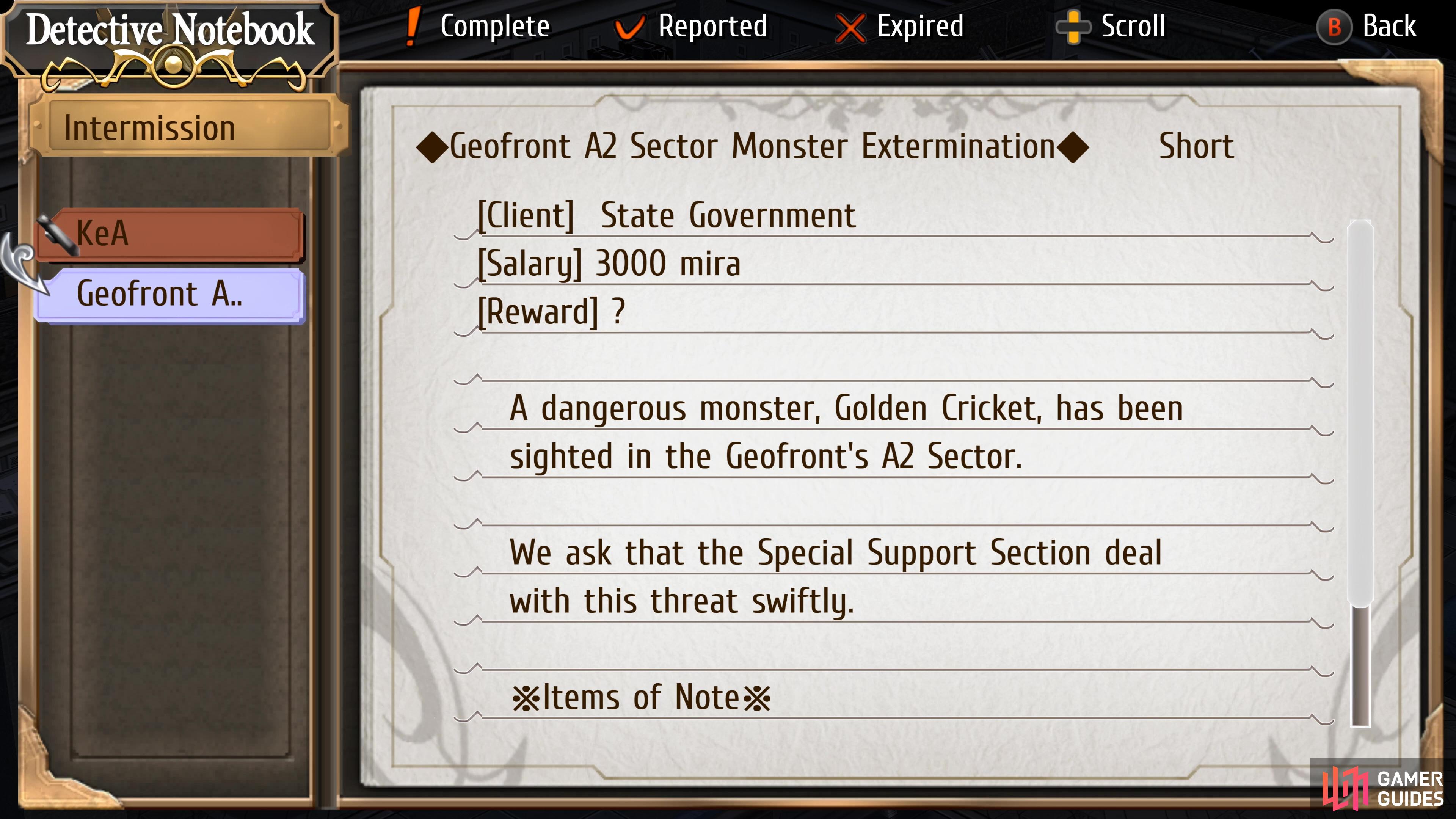 Geofront A2 Monster Extermination is a hidden request during the Intermission.