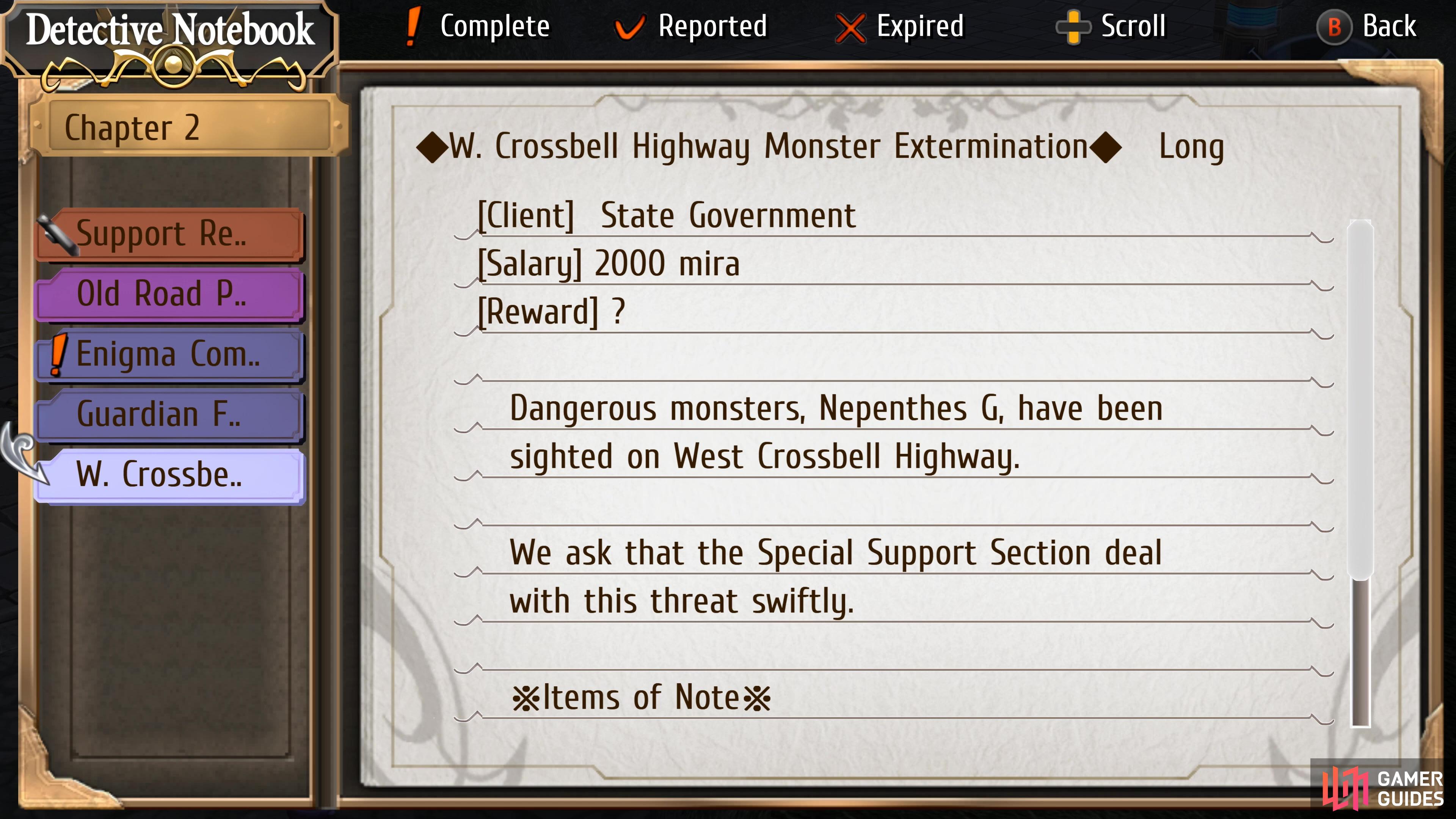 West Crossbell Highway Monster Extermination is a request on Chapter 2 Day 1.