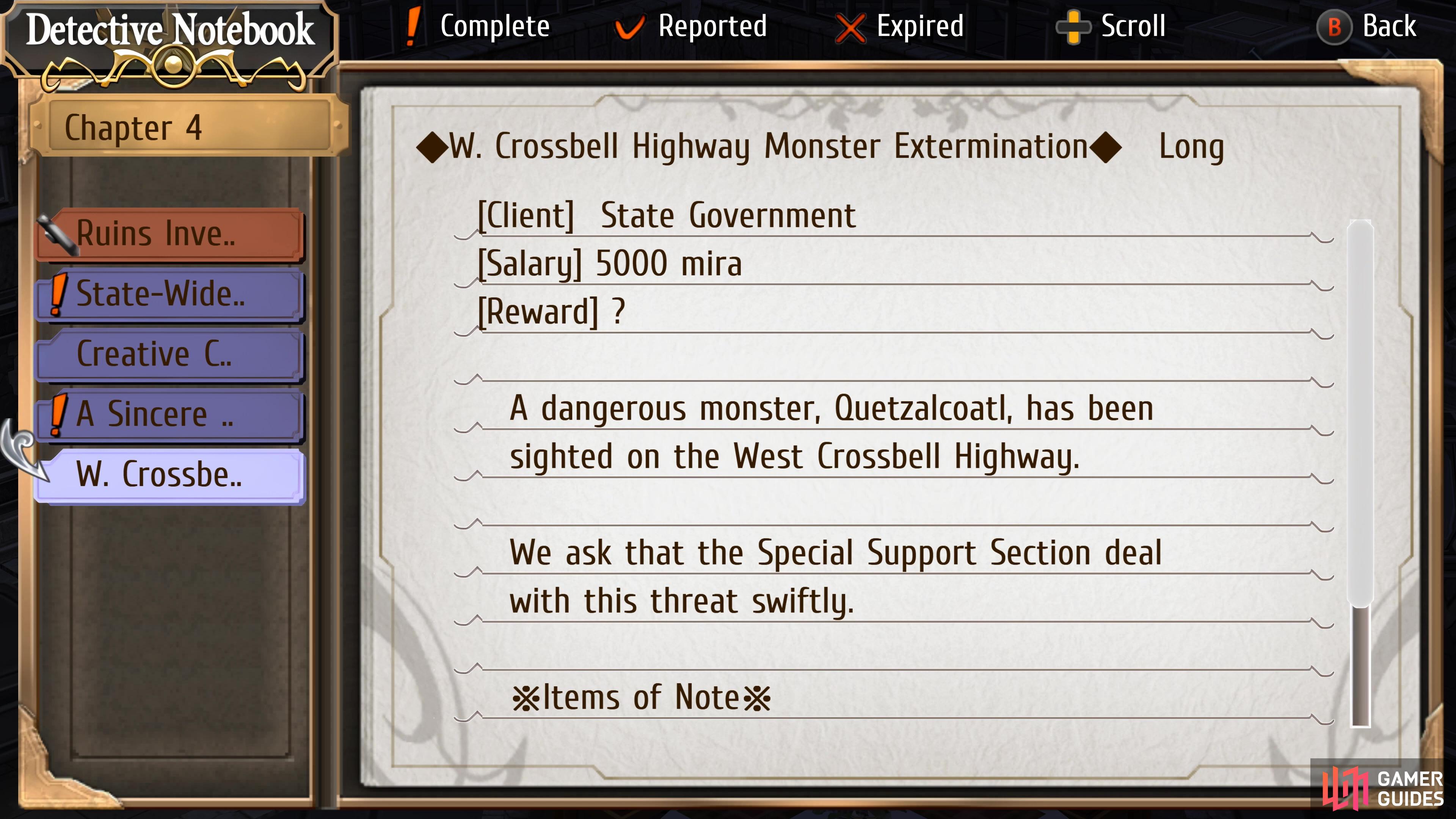 West Crossbell Highway Monster Extermination is a request on Chapter 4 Day 1.