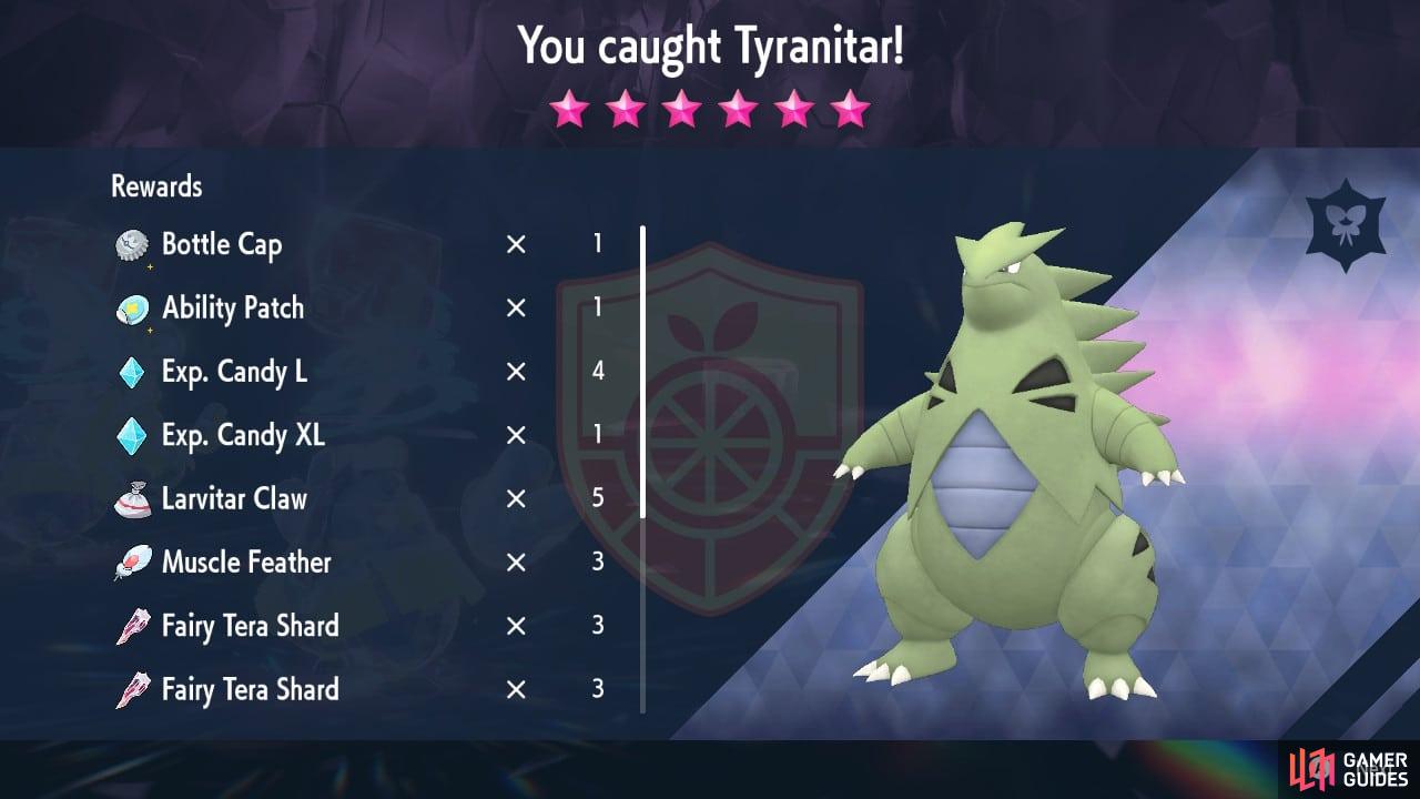 6_Star Tyranitar Raid catch screen in Pokémon Scarlet and Violet.