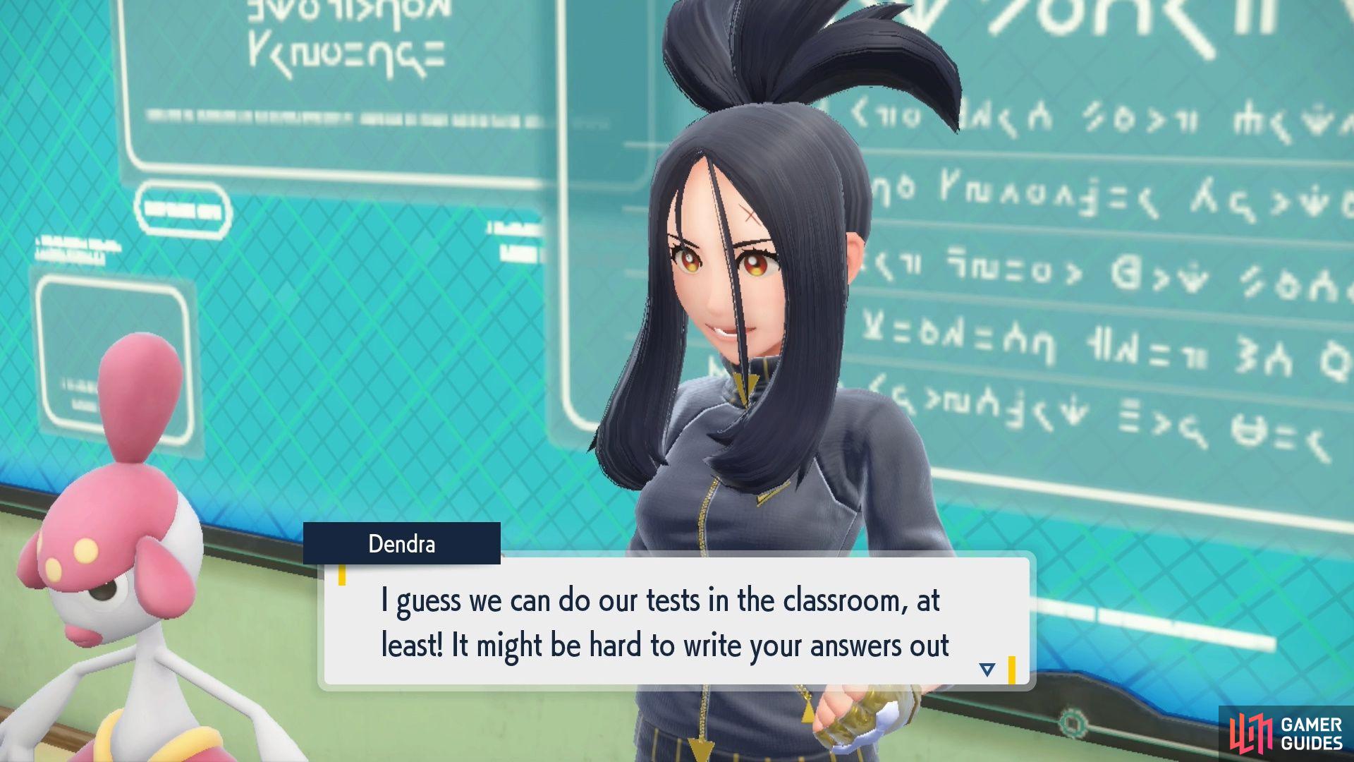 Dendra taking trainers through a mid-term exam at the Academy in Pokémon Scarlet and Violet.