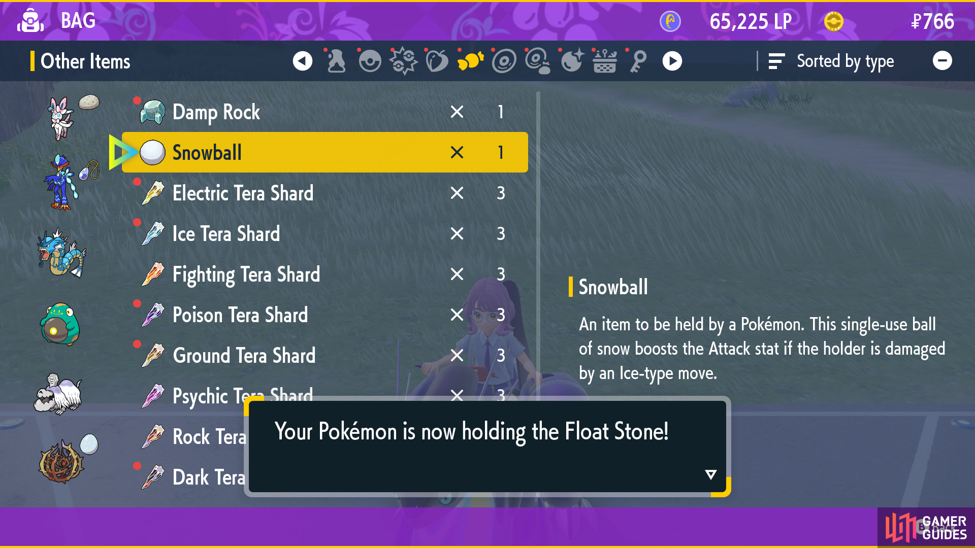 A Pokemon being equipied with the Float Stone.