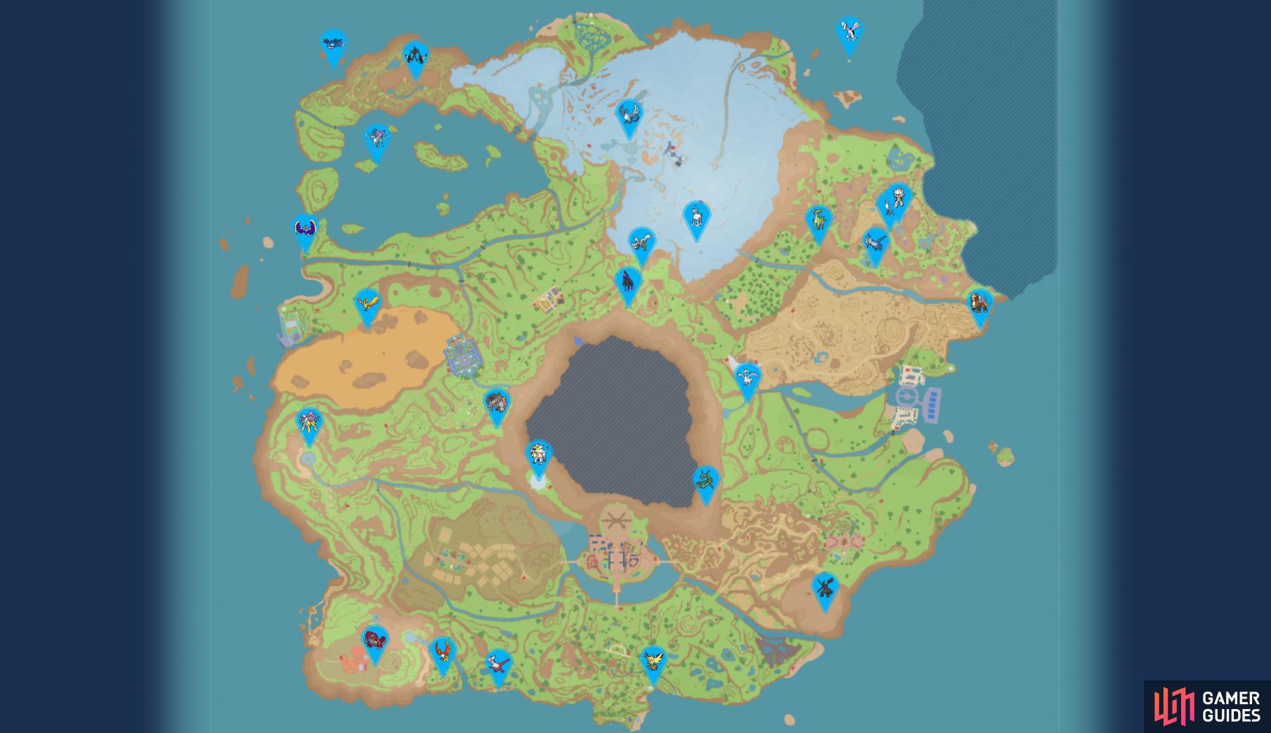 Map with locations of all the Legendary Pokémon.