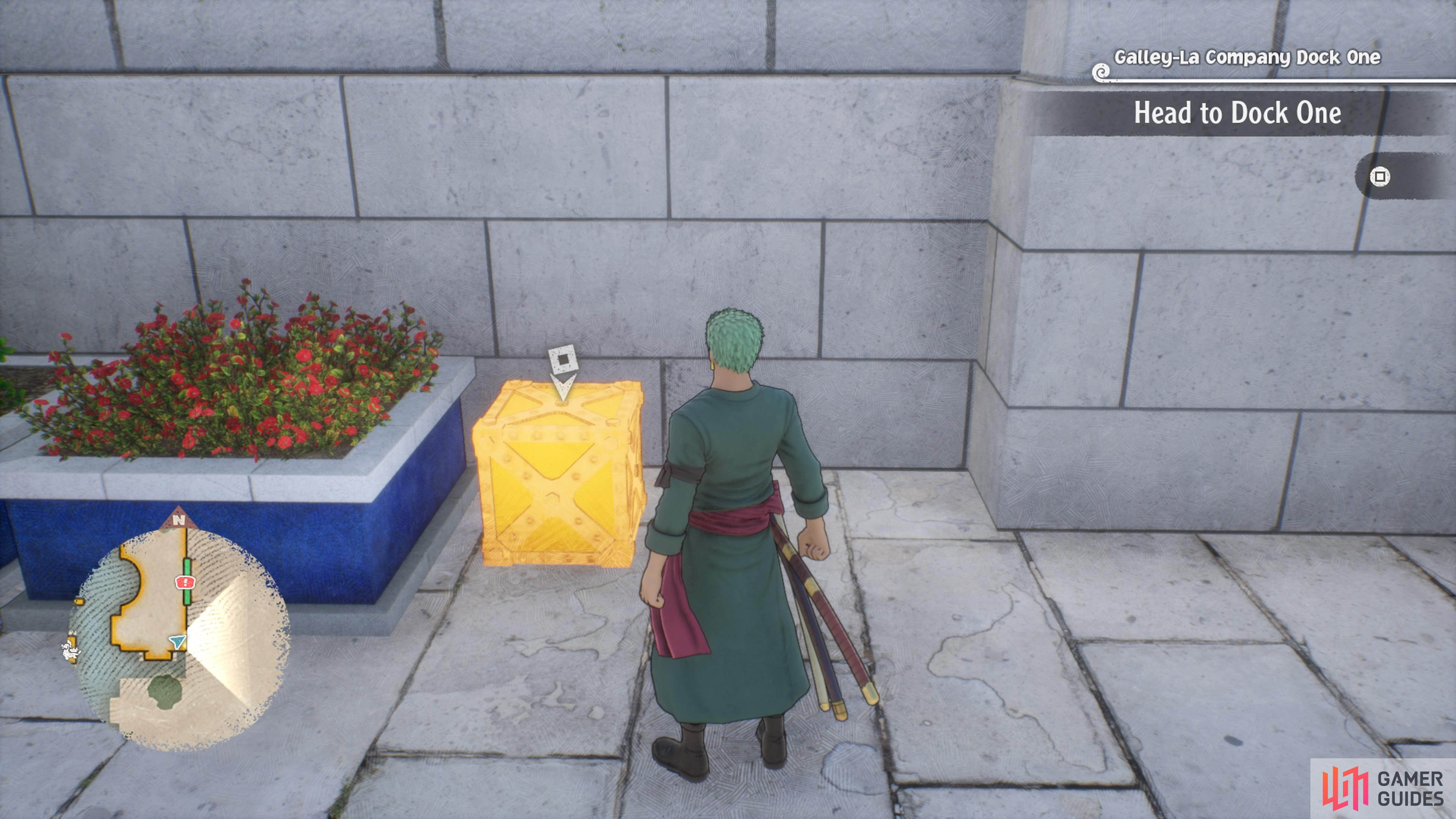 Just south of the Dock One exit is a metal box that requires !Zoro and contains this cube