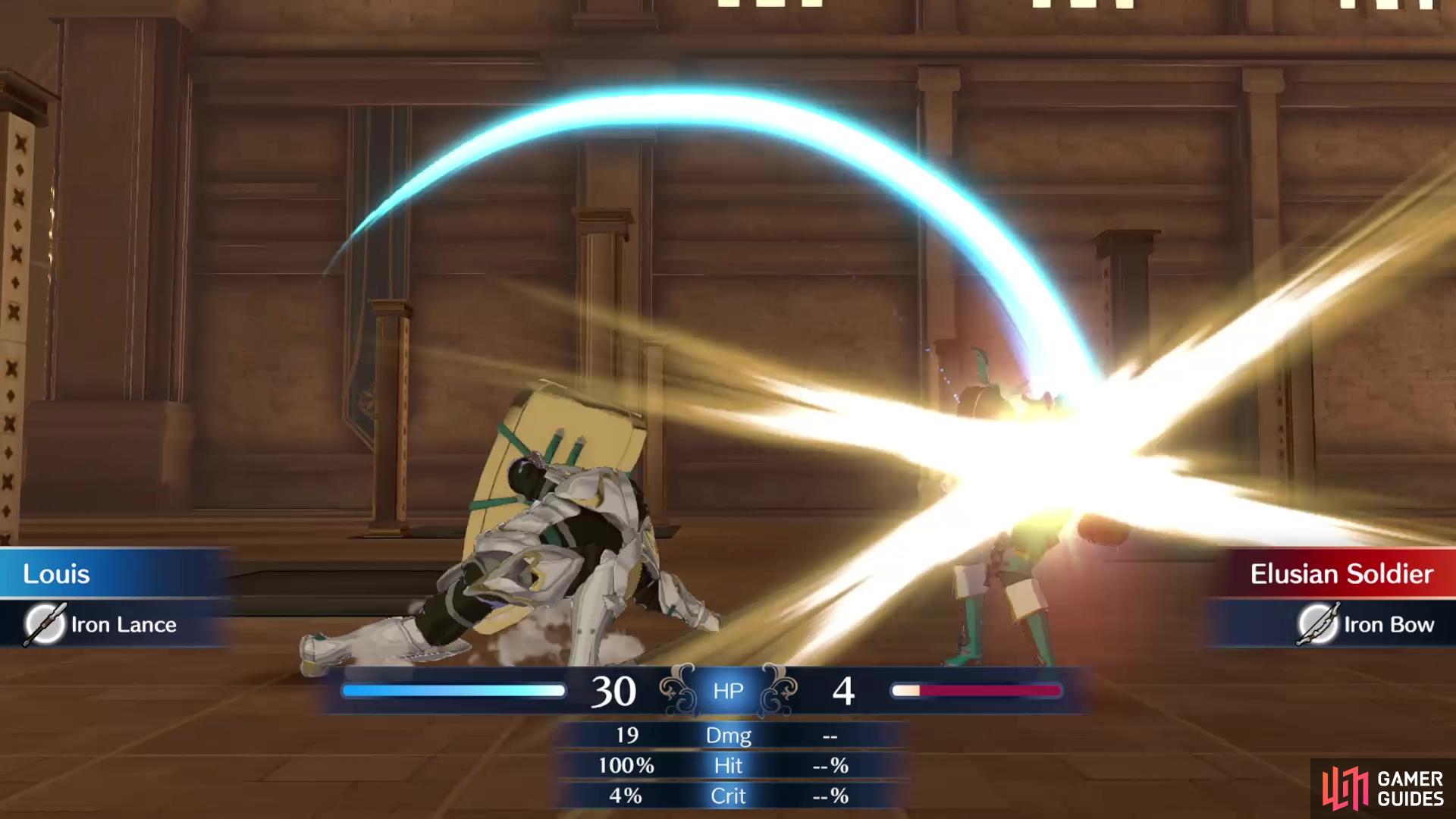 Louis making the most of his Iron Lance against a Bow unit in !Fire Emblem Engage.