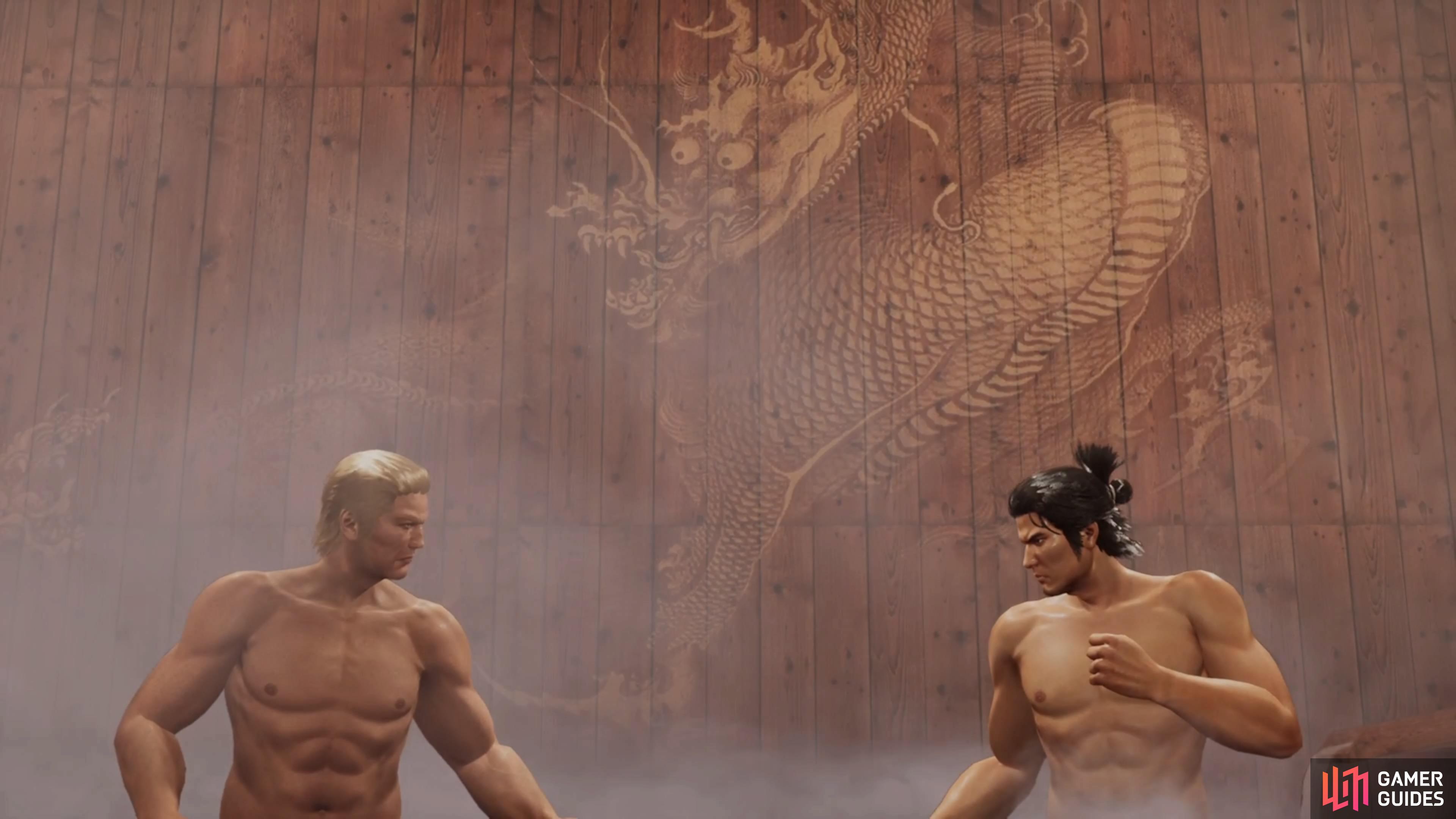 Yep, it’s a one-on-one fight, in a bathhouse