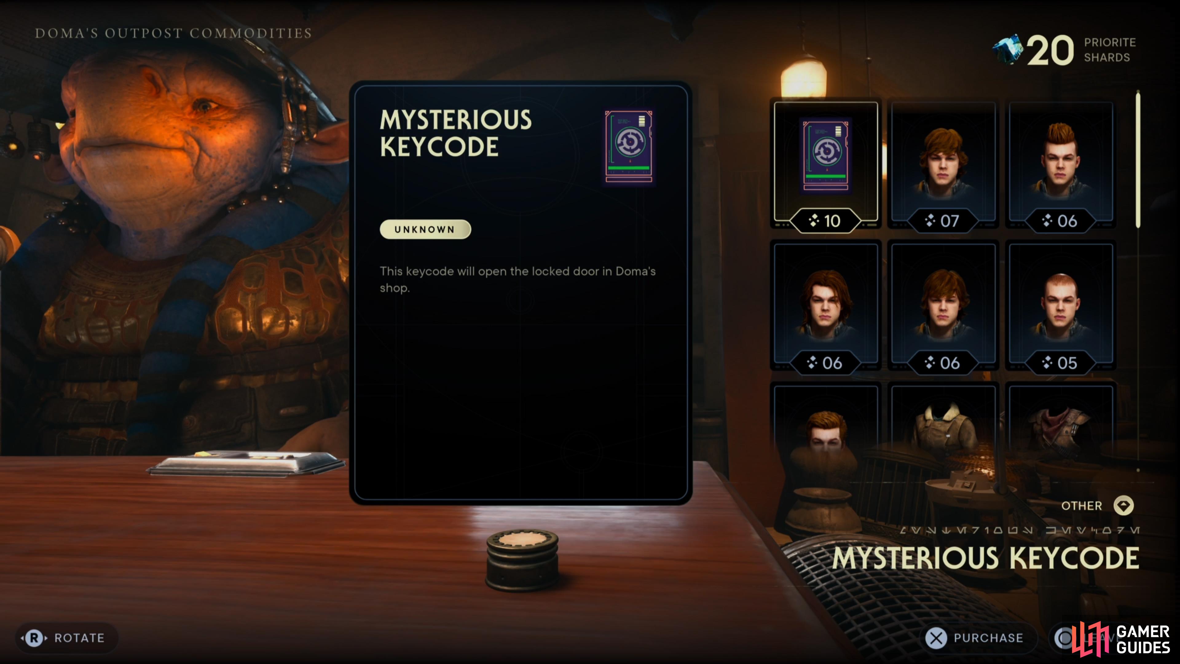You can purchase the Mysterious Keycode at Doma's Shop on Koboh.