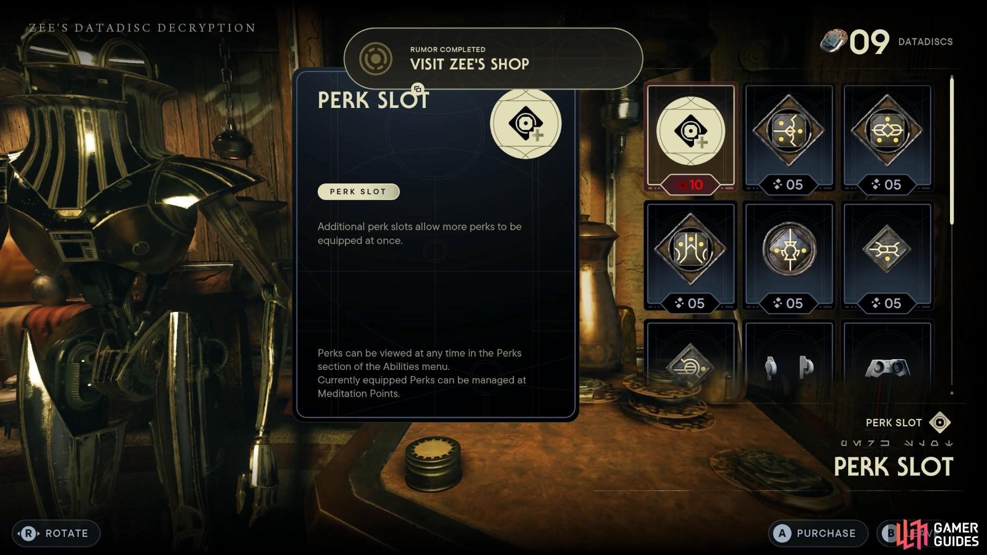 You can buy your fourth perk slot, and many other perks in Jedi Survivor by trading Datadiscs to Zee when you unlock her in the Pyloon Saloon.