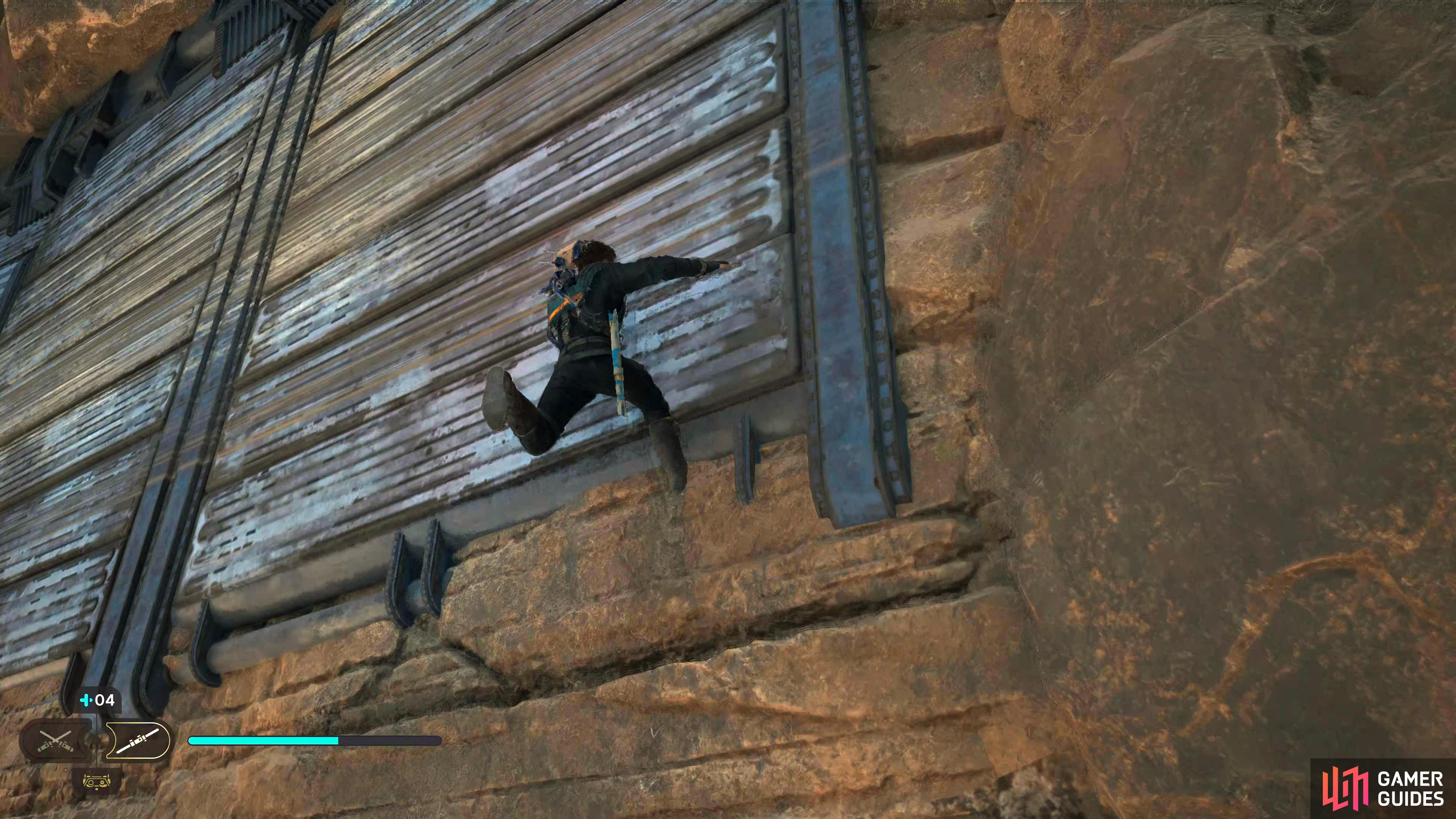 Ride the mount to the wall behind the shack, and double jump on the wall to wall-run onto the ledge.