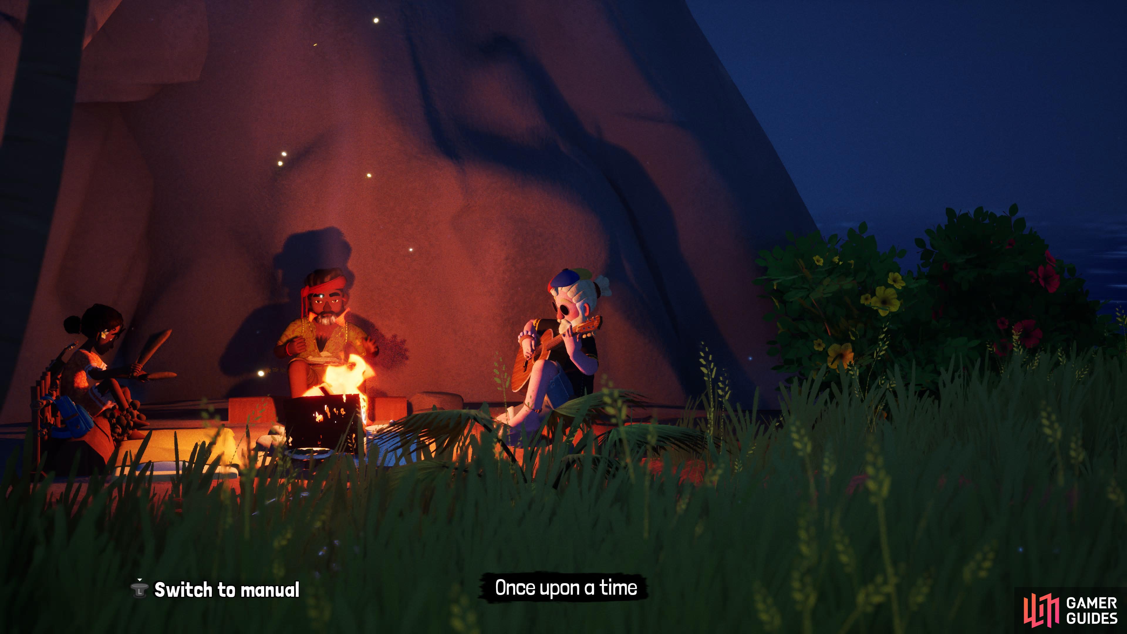 The final music sequence of the game with Tchia, her Father, and Tre.