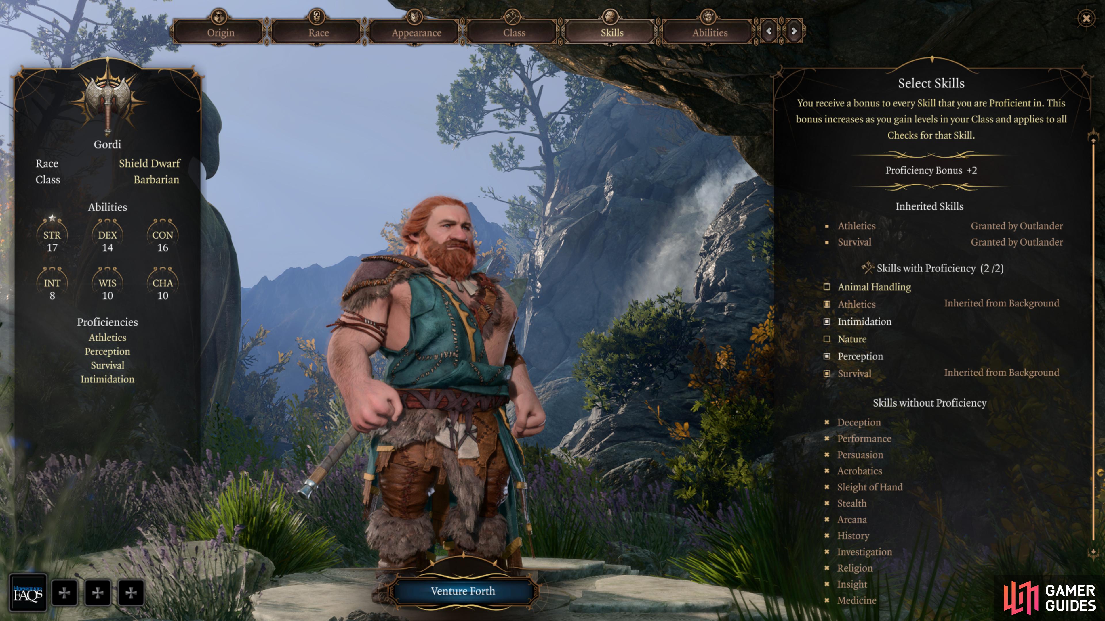 The Barbarian’s starting skill list includes Athletics, Intimidation and Survival.
