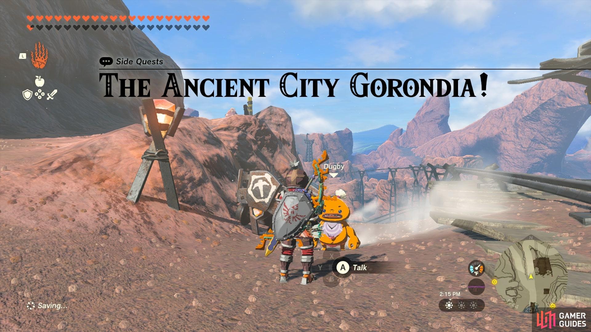 Speak with Dugby to start The Ancient City Gorondia quest line.