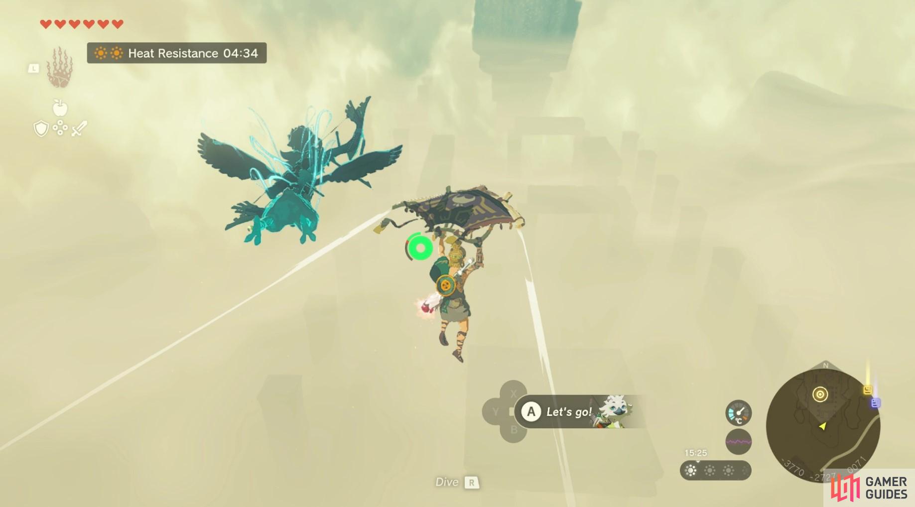 Use the wind tornadoes around the desert to fly up, then locate North Gerudo Ruins. 