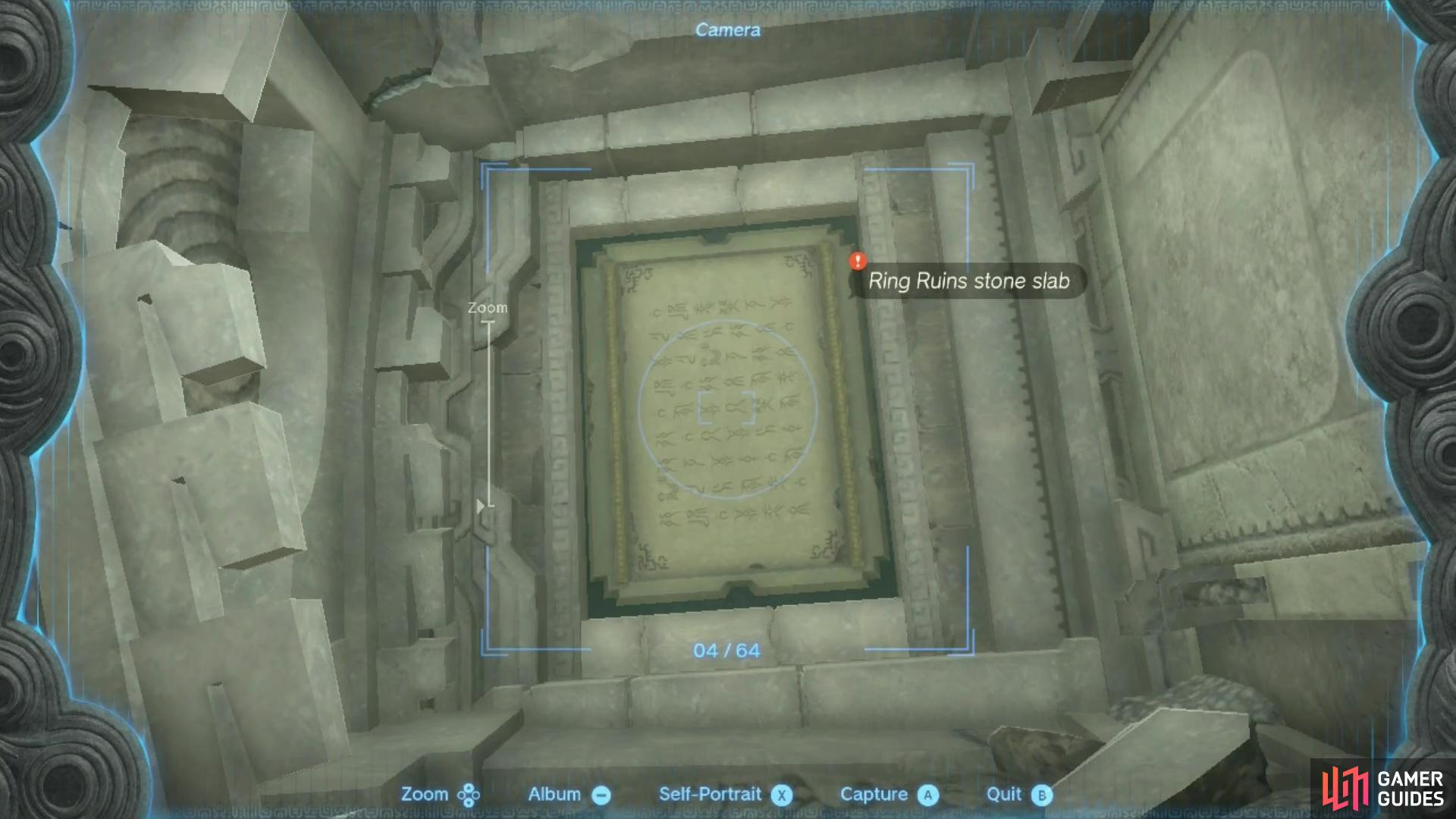 Ascend into the Ring Ruin and take a picture of the slab to show Tauro and Paya.  
