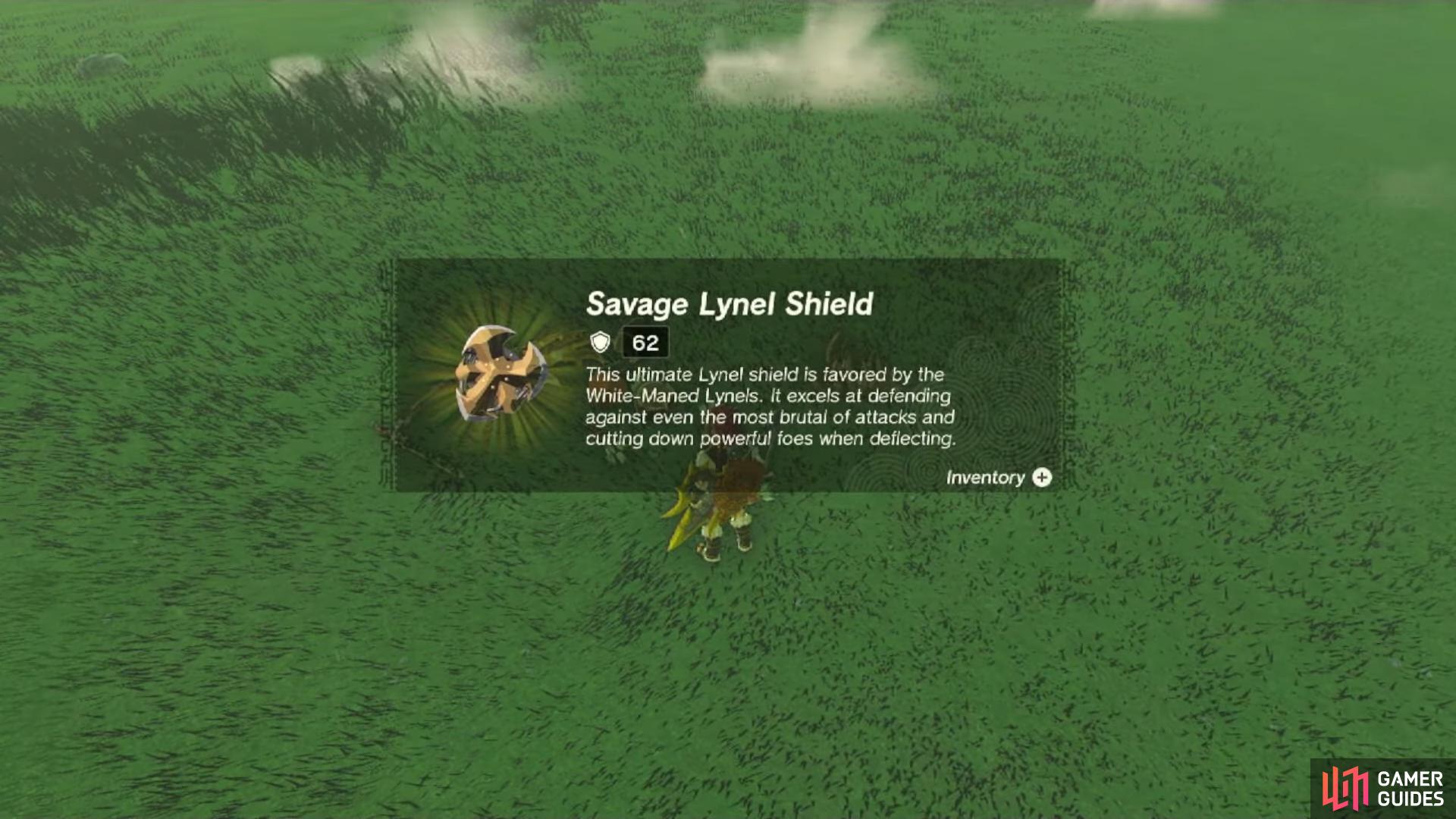 Securing a Savage !Lynel Shield after defeating a White-Mained !Lynel