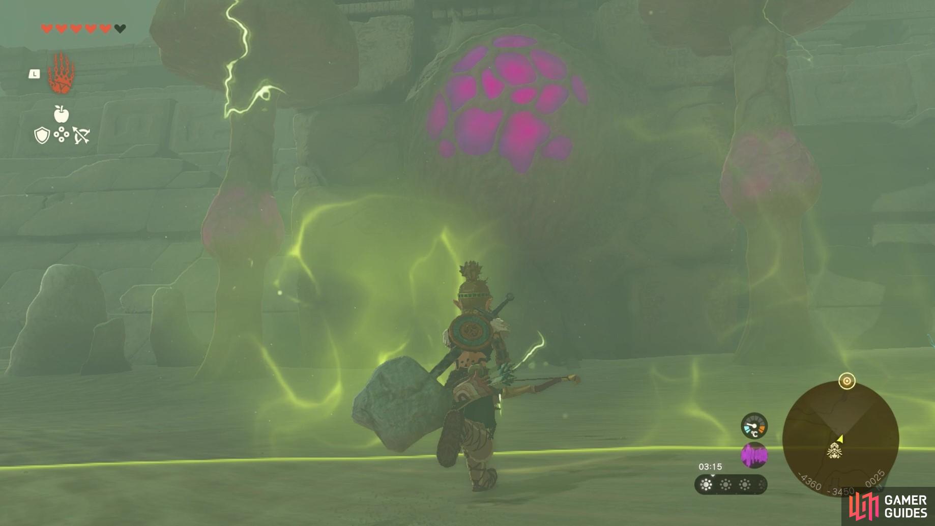 Shoot the glowing pink part of the mushroom to start the lightning temple!