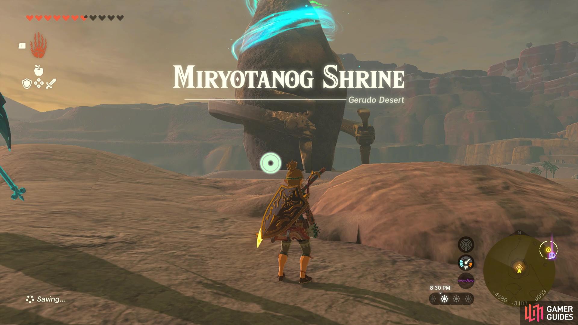 Miryotanog Shrine is found on a rock in the western part of the Gerudo Desert.