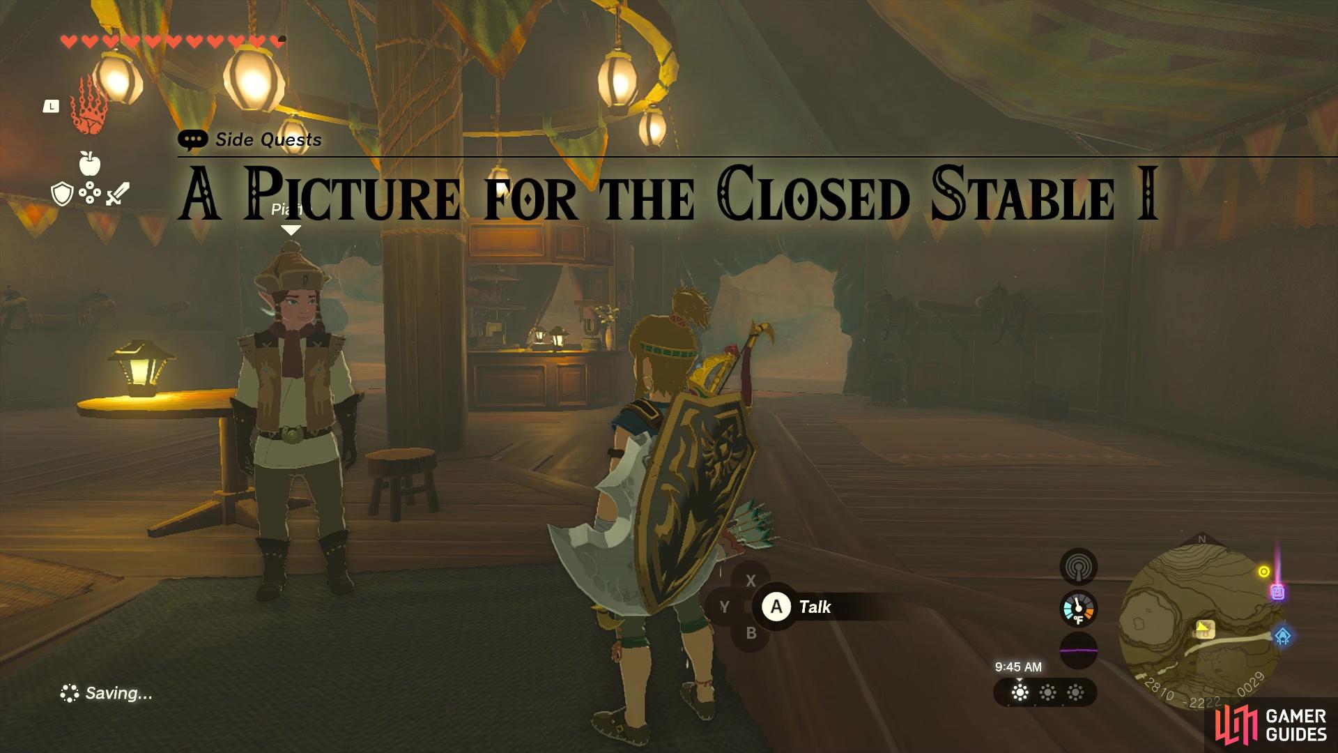 Check out the left empty picture frame at Gerudo Canyon Stable for this quest.