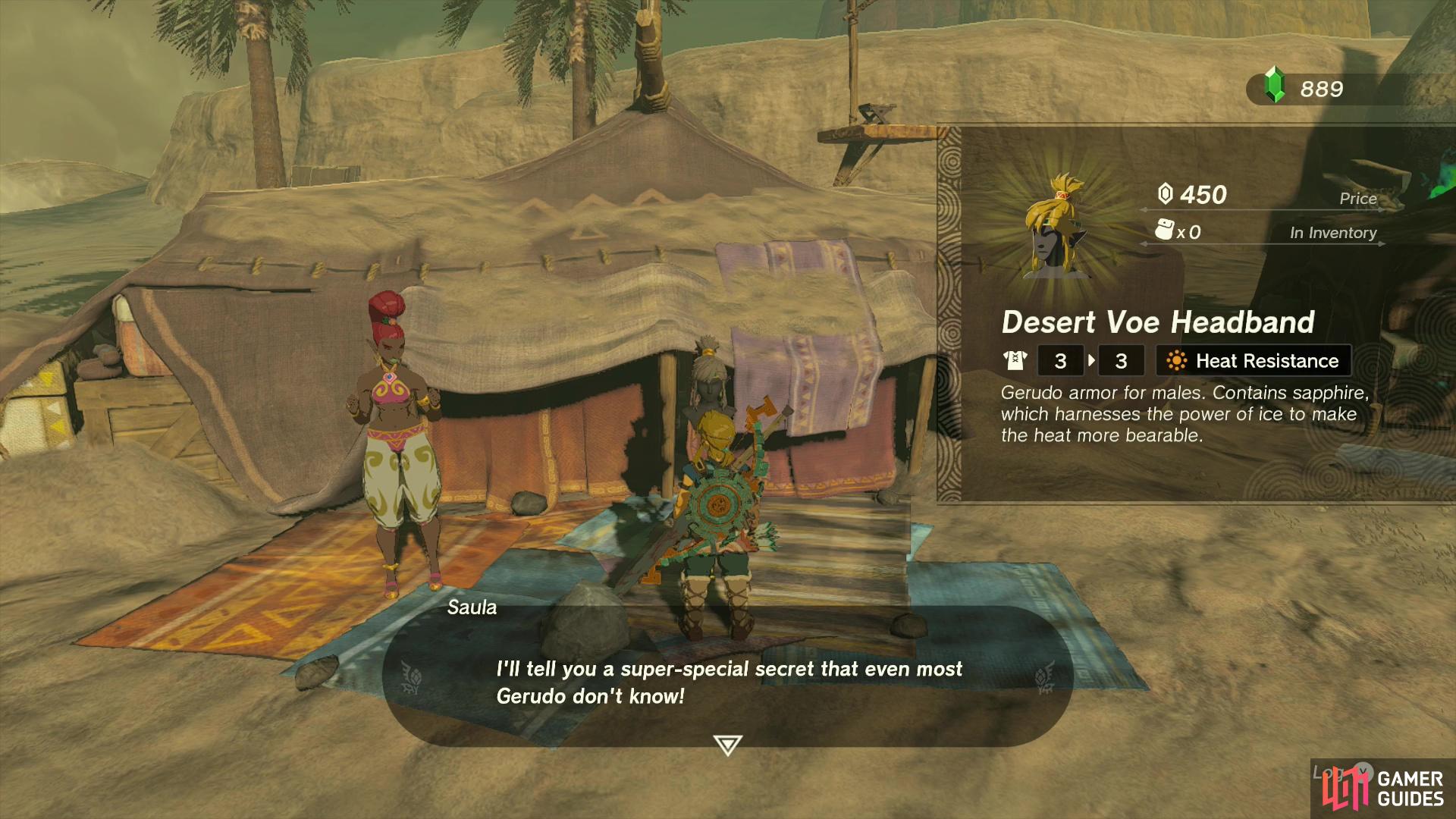 Buy the Desert Voe Headband from Saula in the Kara Kara Bazaar and she’ll tell you about a Secret Shop in Gerudo Town.