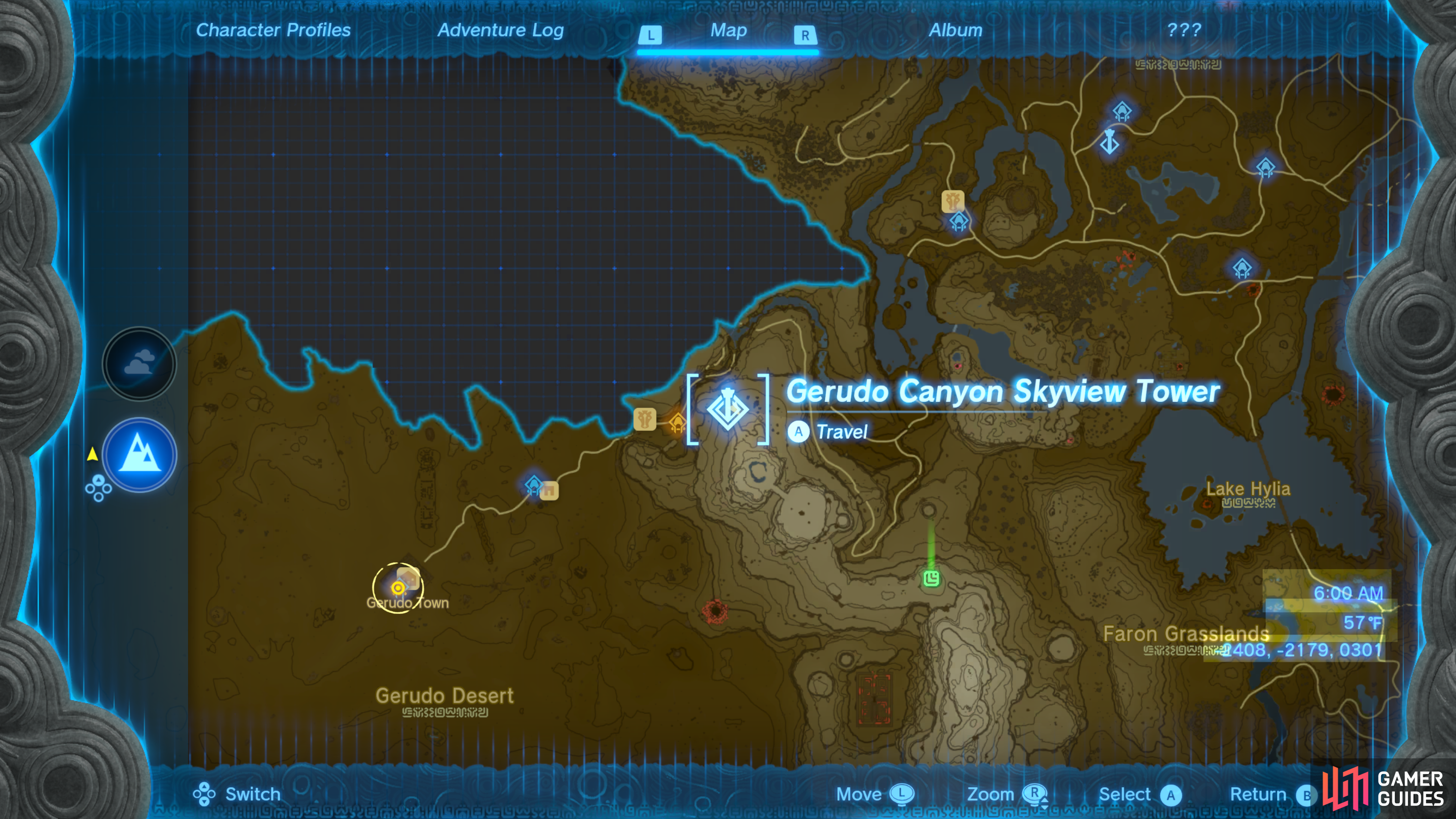 Gerudo Canyon Skyview Tower can be found midway between Gerudo Town and the edge of the Gerudo Desert.